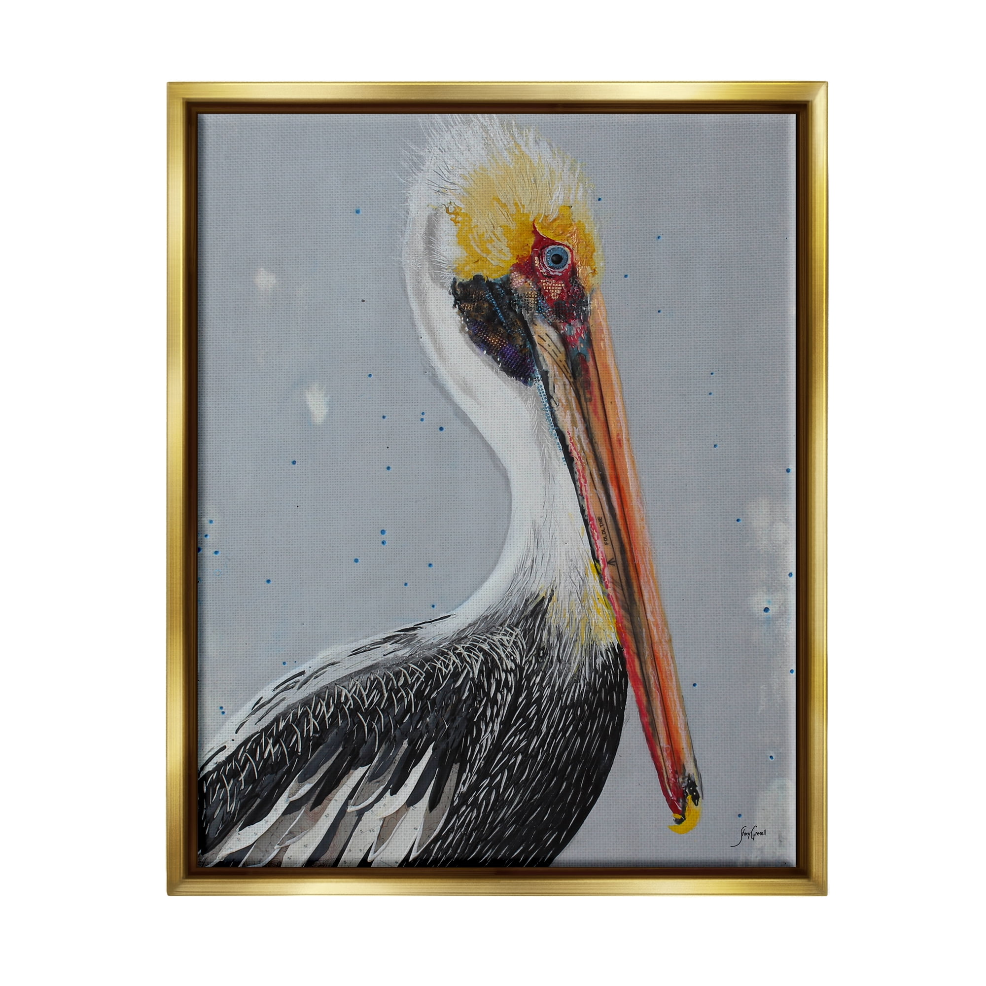 Stupell Industries Nautical Pelican Portrait Animals & Insects Painting Gold Floater Framed Art Print Wall Art, 25 x 31