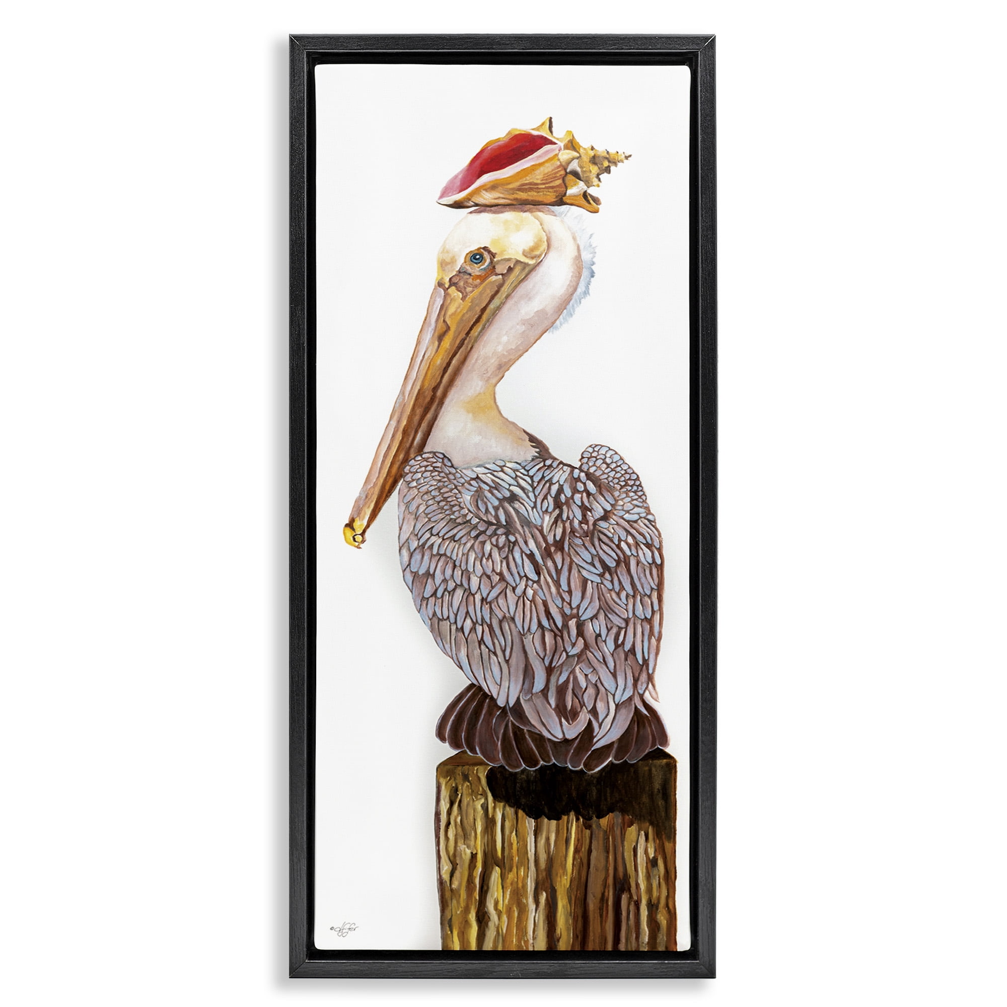 Stupell Industries Nautical Pelican with Sea Shell Animals & Insects Painting Black Floater Framed Canvas Art Print Wall Art, 11 x 25