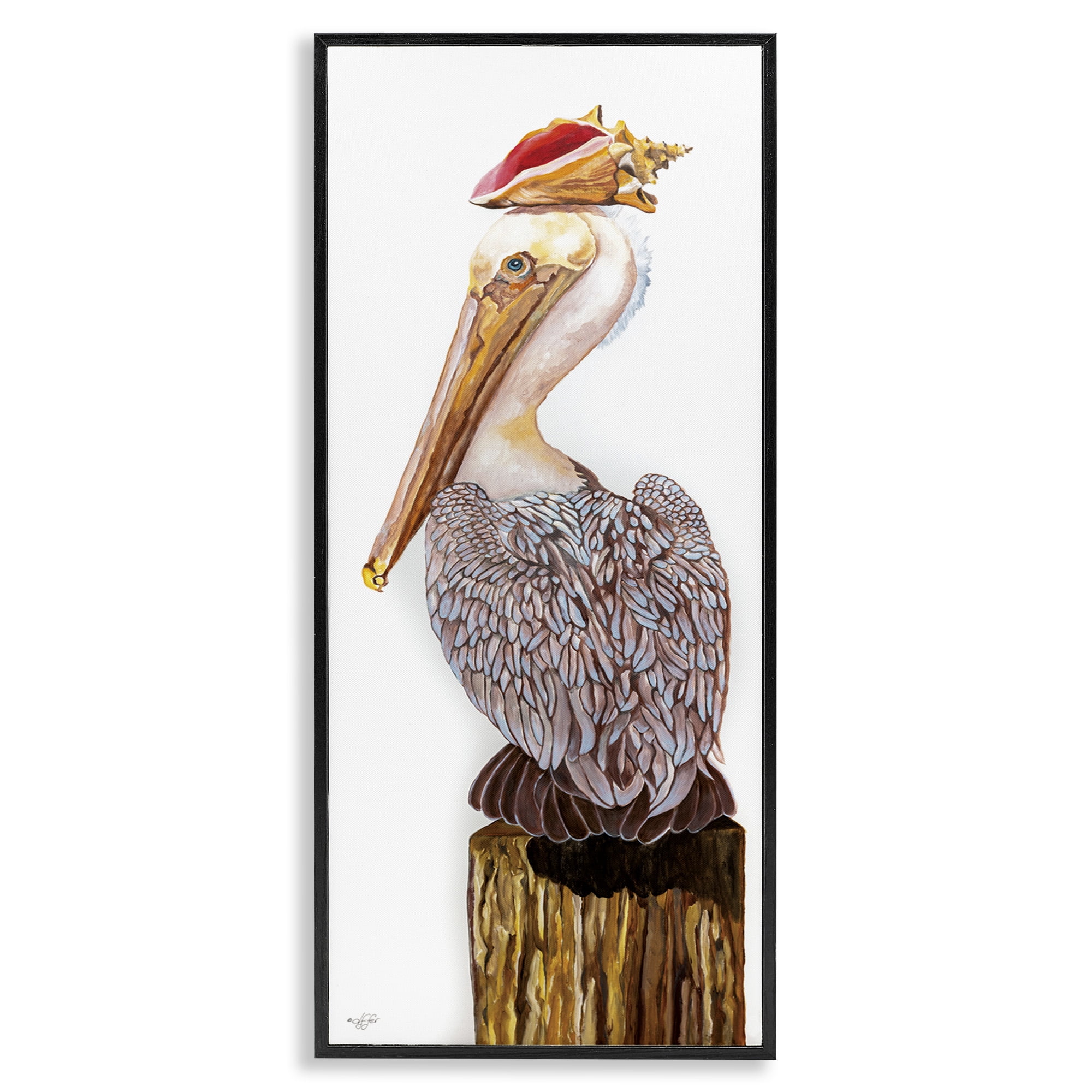 Stupell Industries Nautical Pelican with Sea Shell Animals & Insects Painting Black Framed Art Print Wall Art, 13 x 30