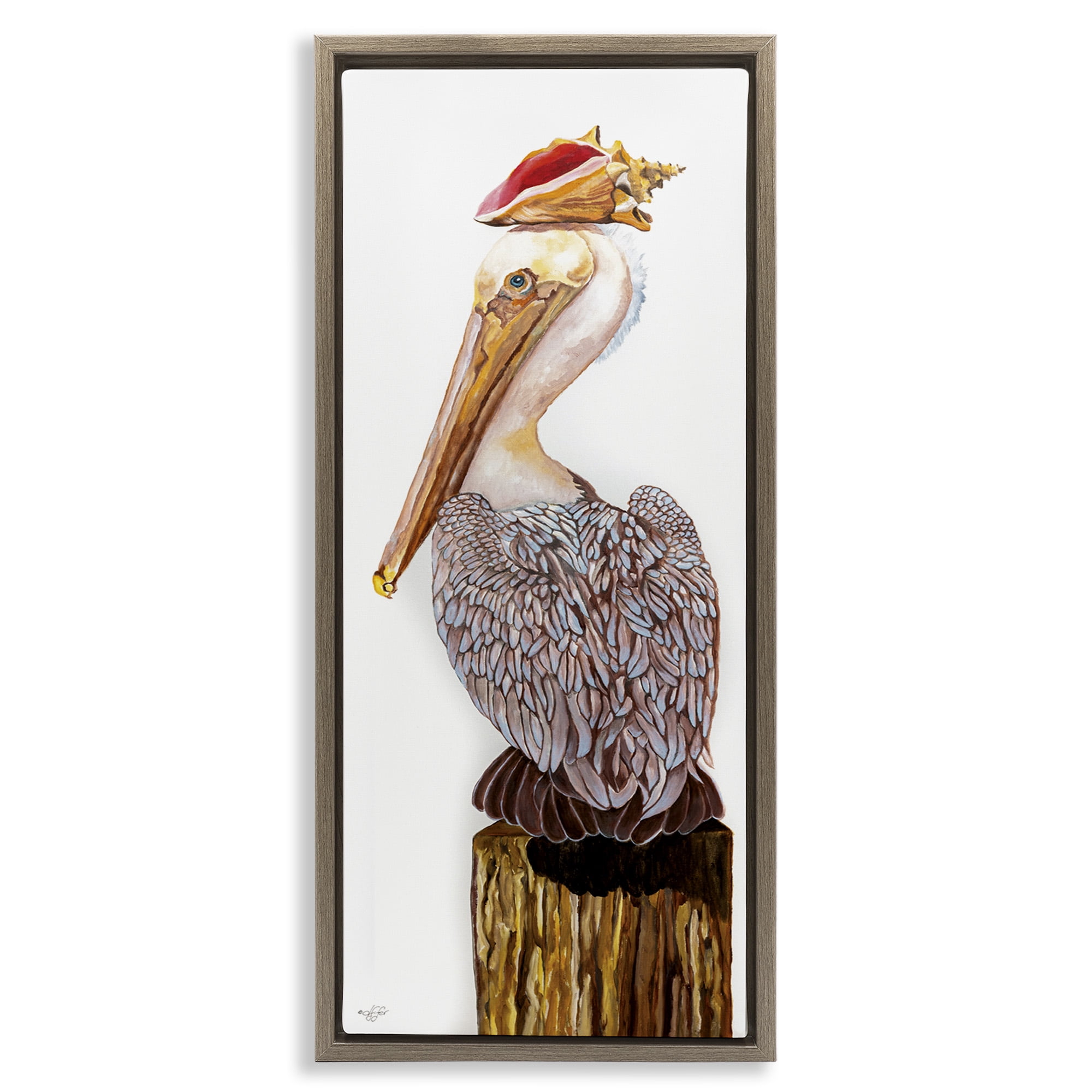 Stupell Industries Nautical Pelican with Sea Shell Animals & Insects Painting Brown Floater Framed Canvas Art Print Wall Art, 15 x 31
