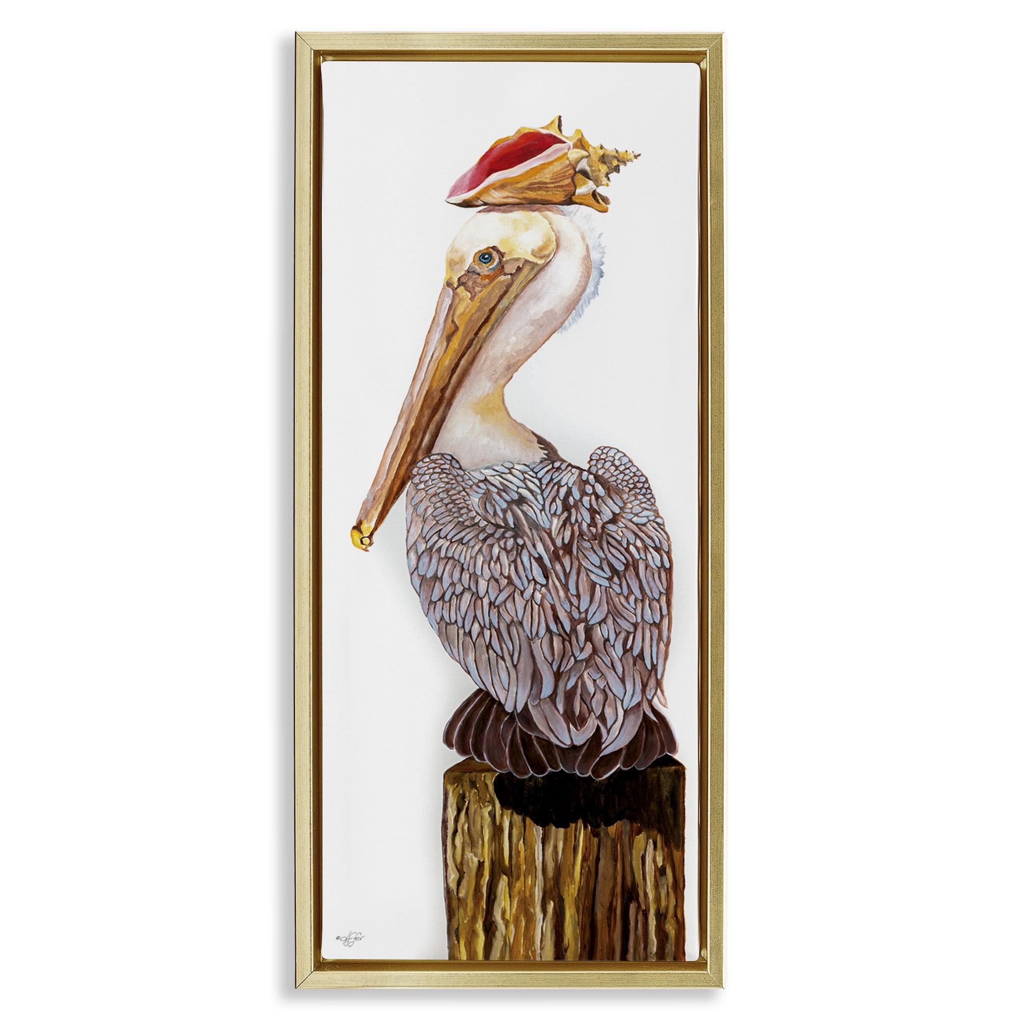 Stupell Industries Nautical Pelican with Sea Shell Animals & Insects Painting Gold Floater Framed Canvas Art Print Wall Art, 15 x 31