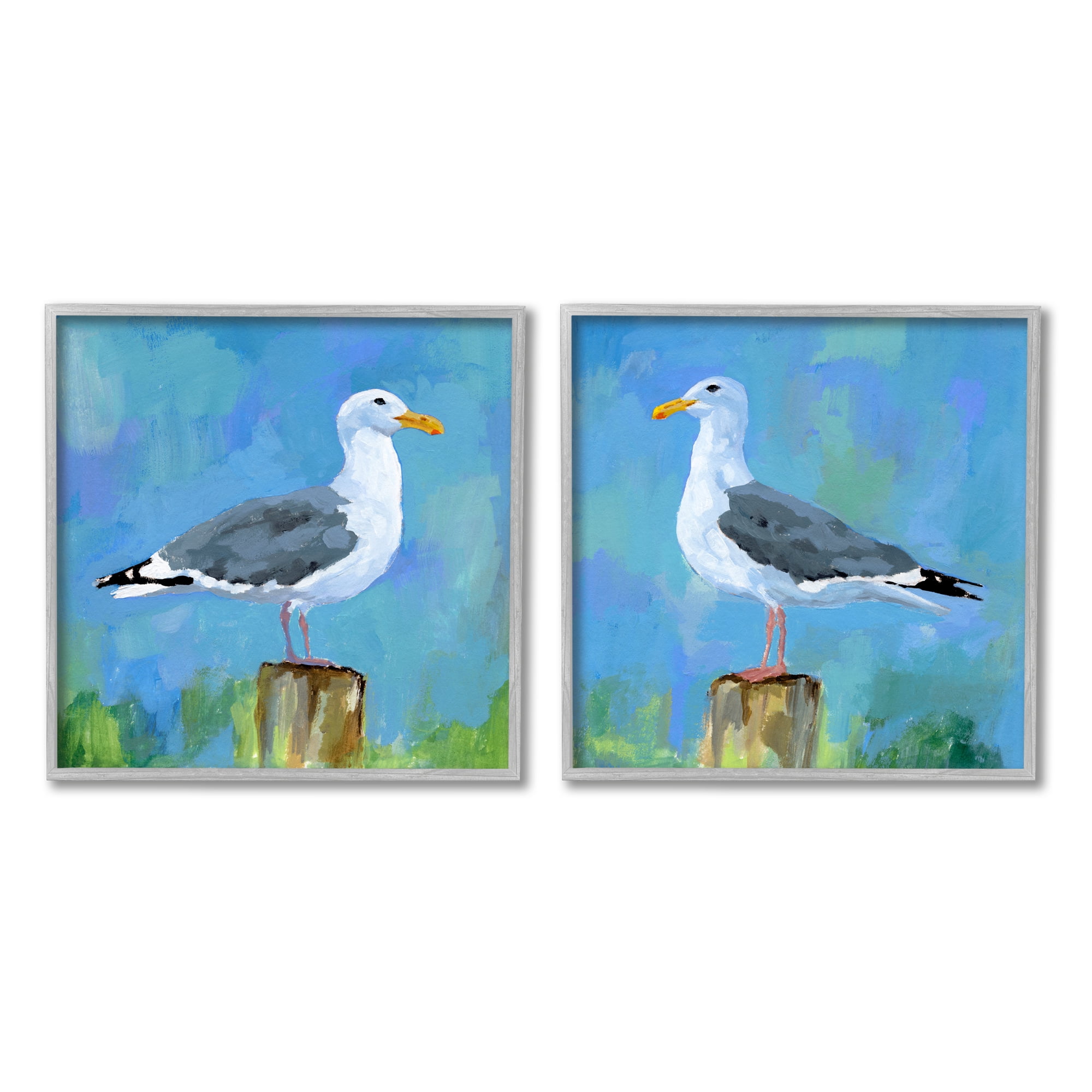 Stupell Industries Nautical Perched Seagulls Animals & Insects Painting Gray Framed Art Print Wall Art, 17 x 17, Set of 2