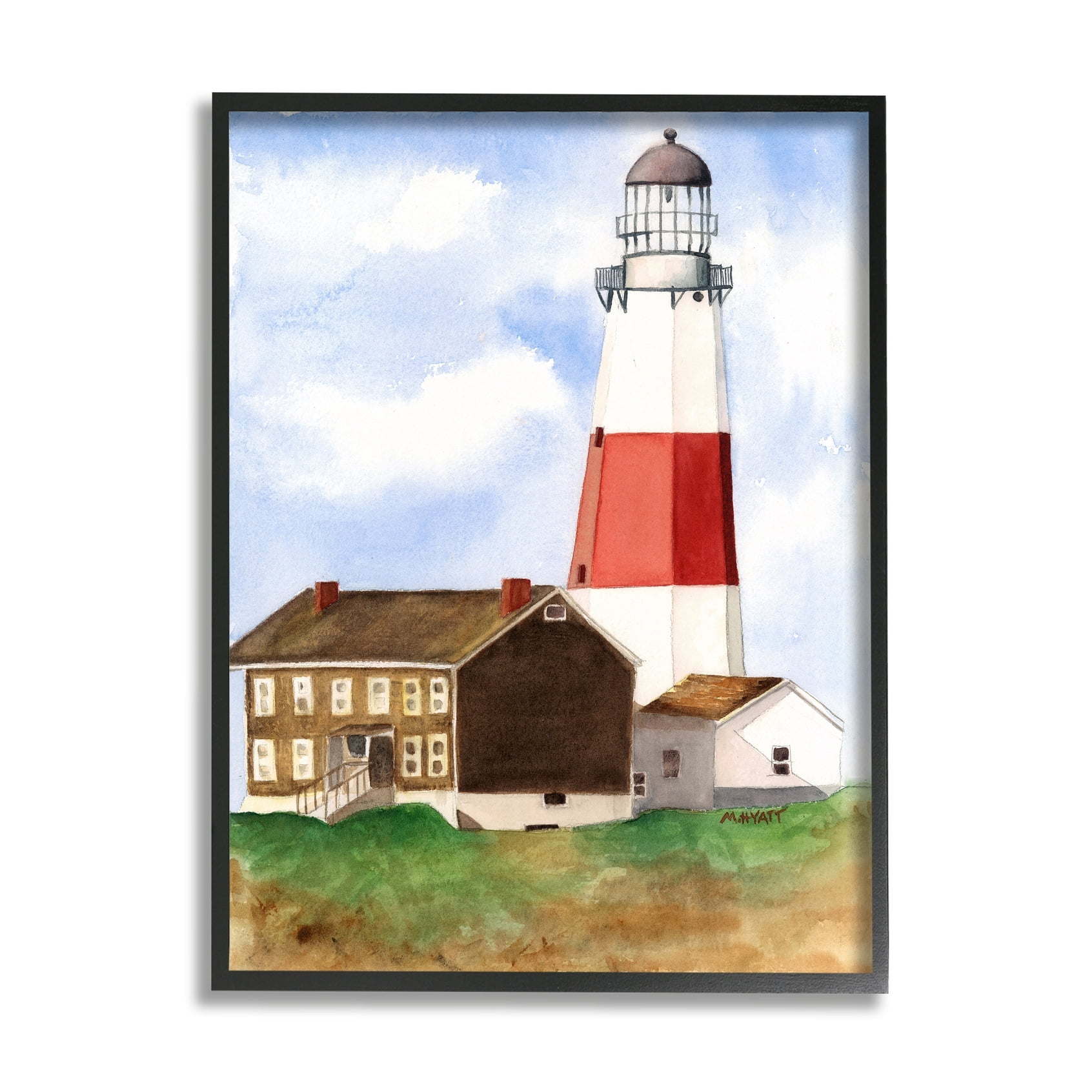 Stupell Industries Nautical Red Striped Lighthouse Coastal Cliff Architecture Black Framed, 16 x 20, Design by Melissa Hyatt LLC