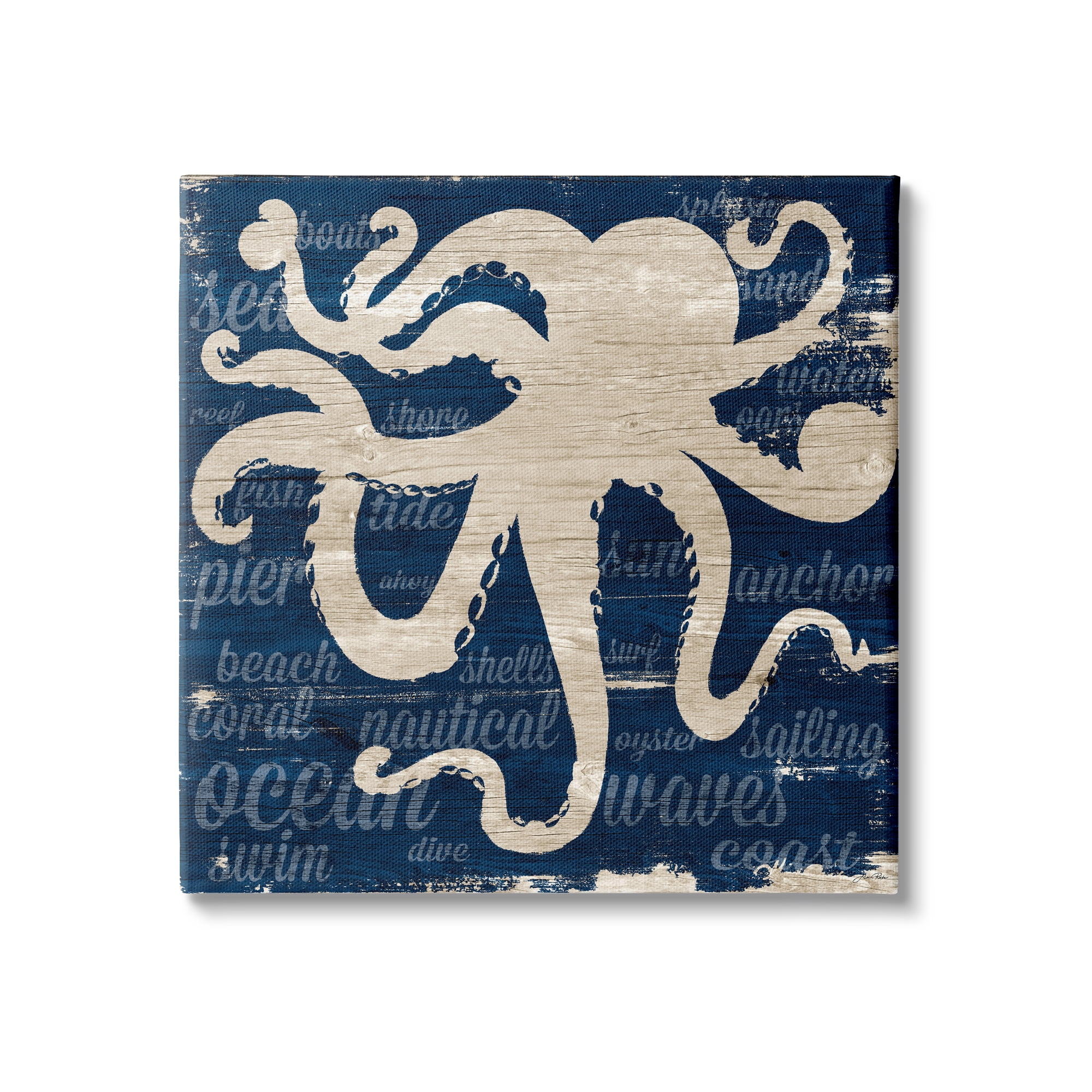 Rustic Nautical Octopus Canvas Wall Art, 24 x 24, Blue and Beige