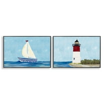 Stupell Industries Nautical Sail the Sea Lighthouse Nautical & Beach Painting Black Framed Art Print Wall Art, 18 x 12, Set of 2