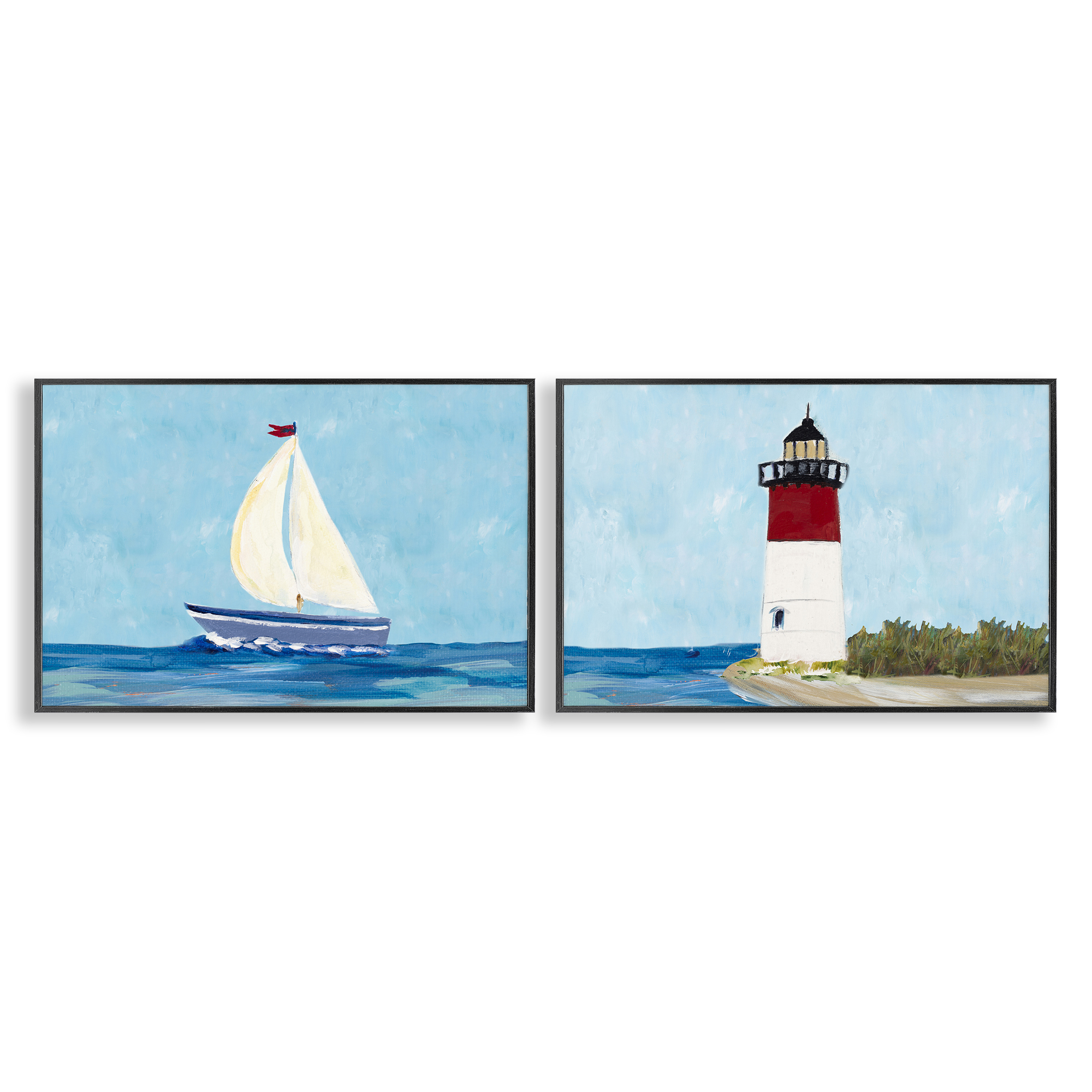 Stupell Industries Nautical Sail the Sea Lighthouse Nautical & Beach Painting Black Framed Art Print Wall Art, 24 x 16, Set of 2
