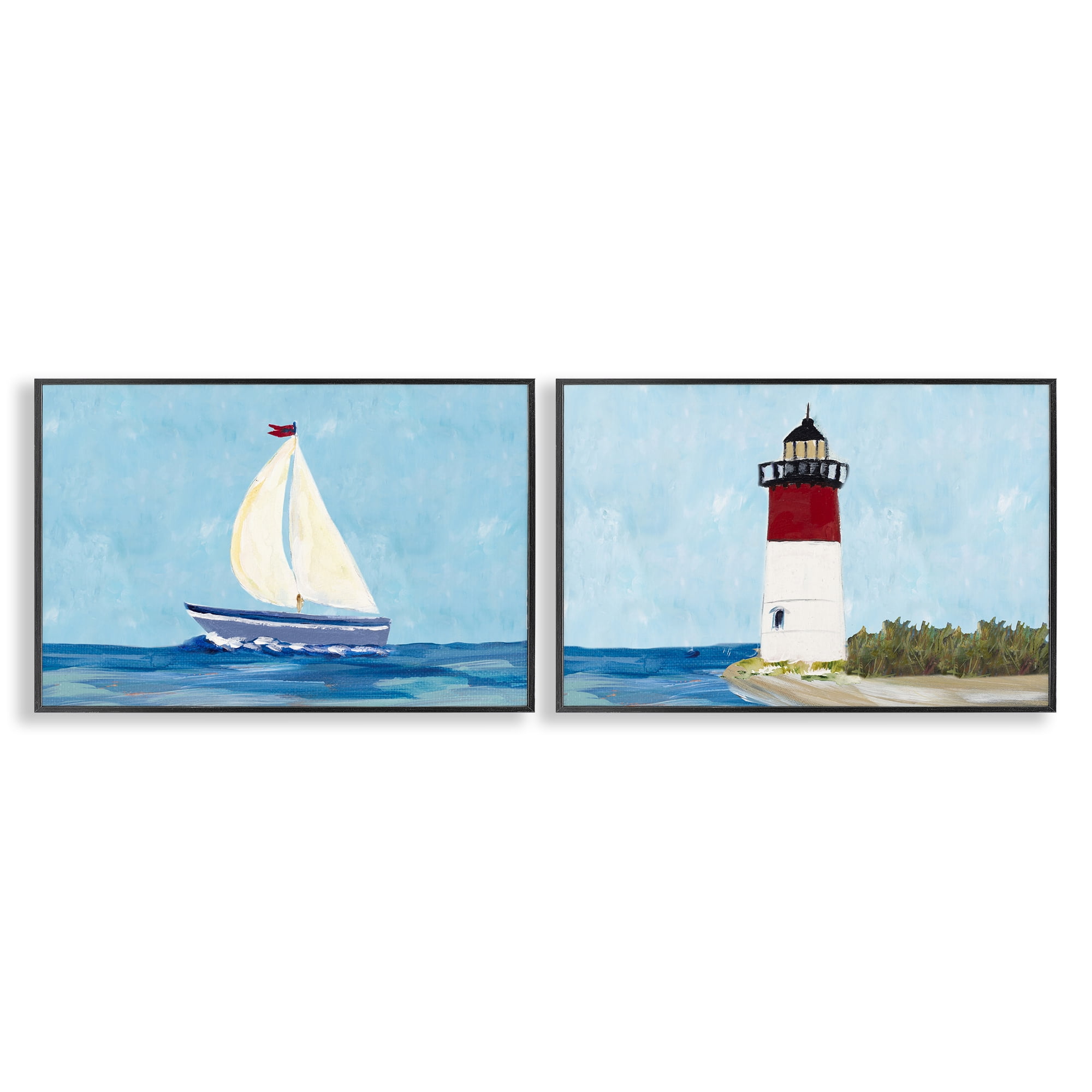 Stupell Industries Nautical Sail the Sea Lighthouse Nautical & Beach Painting Black Framed Art Print Wall Art, 30 x 20, Set of 2