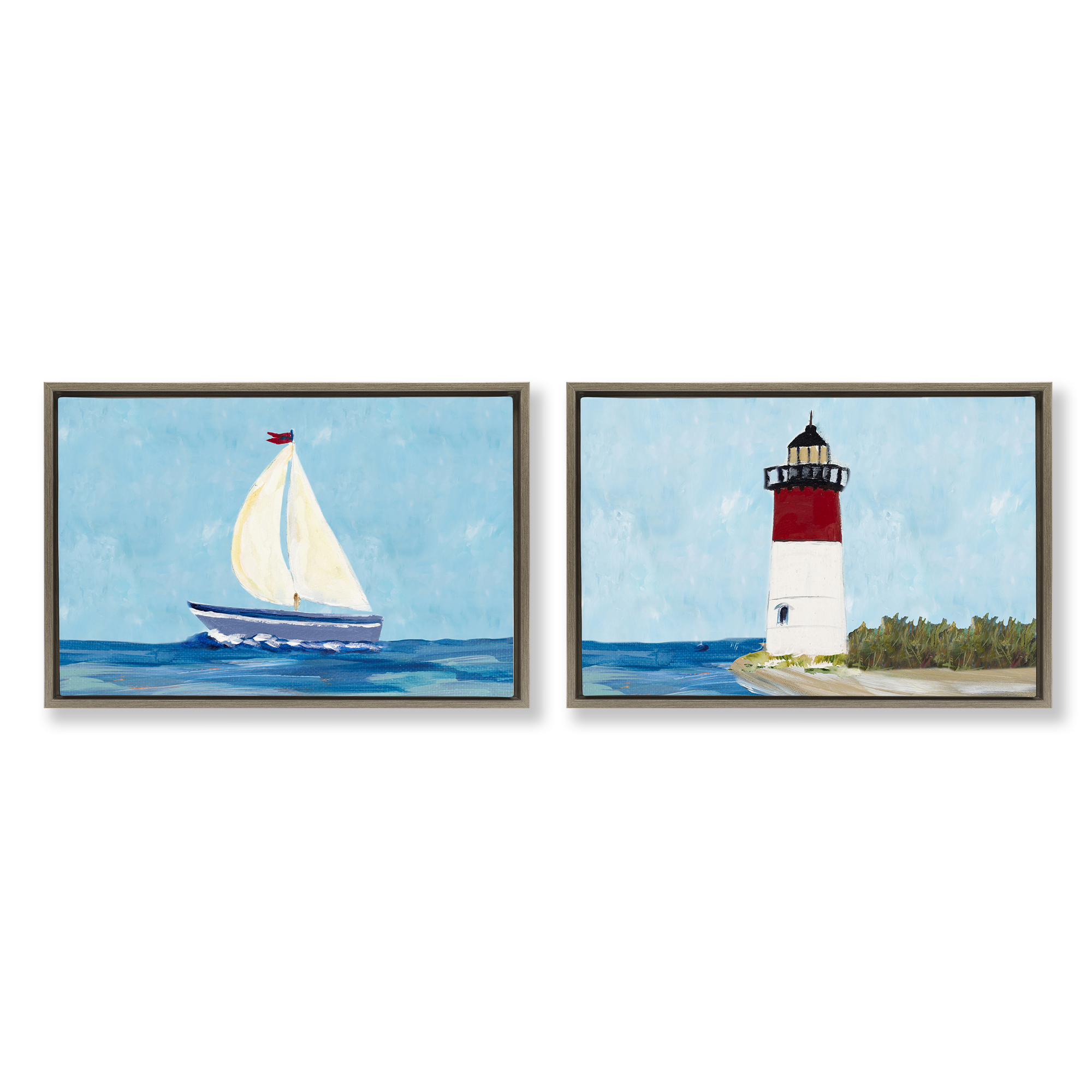 Stupell Industries Nautical Sail the Sea Lighthouse Nautical & Beach Painting Brown Floater Framed Canvas Art Print Wall Art, 31 x 21, Set of 2