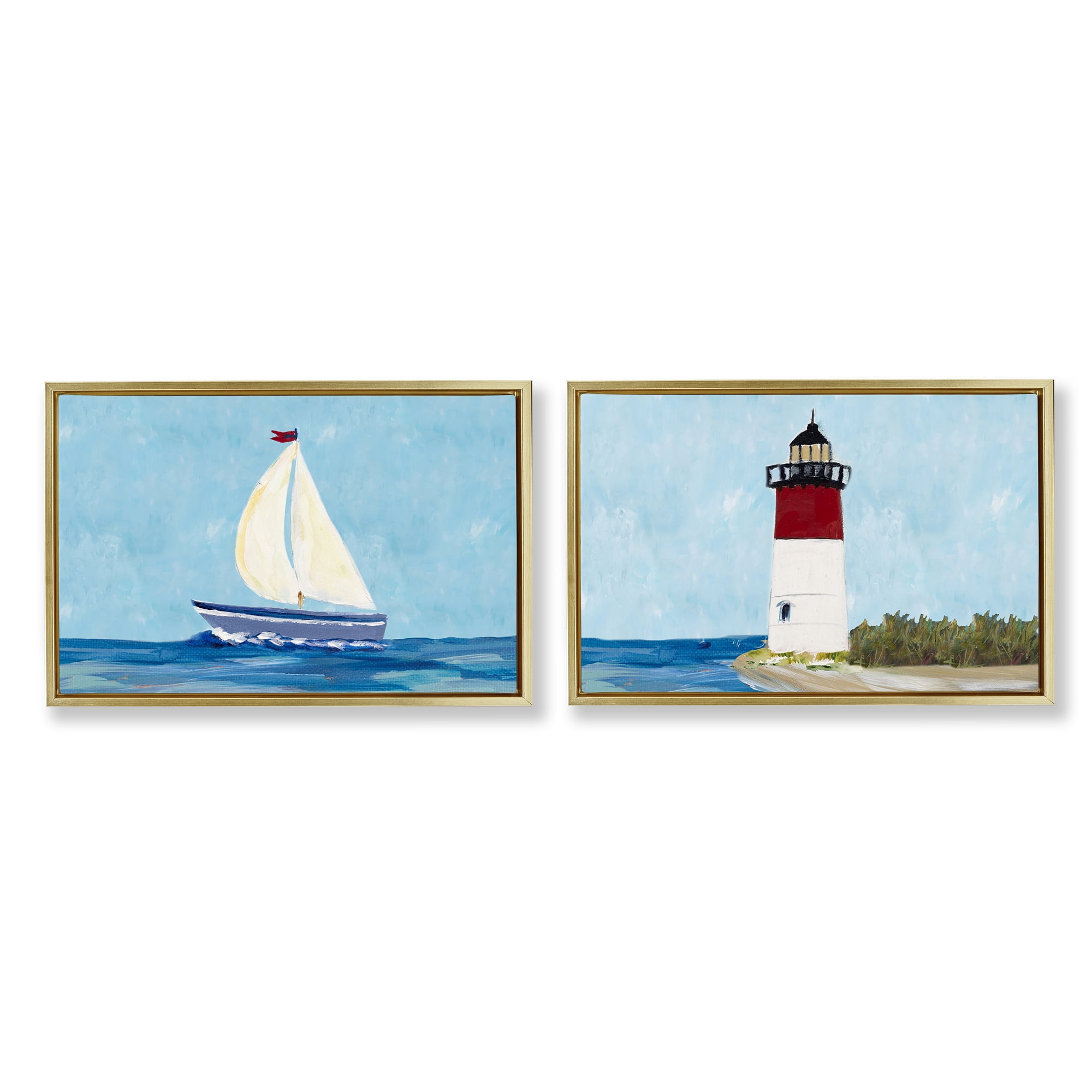 Stupell Industries Nautical Sail the Sea Lighthouse Nautical & Beach Painting Gold Floater Framed Canvas Art Print Wall Art, 25 x 17, Set of 2