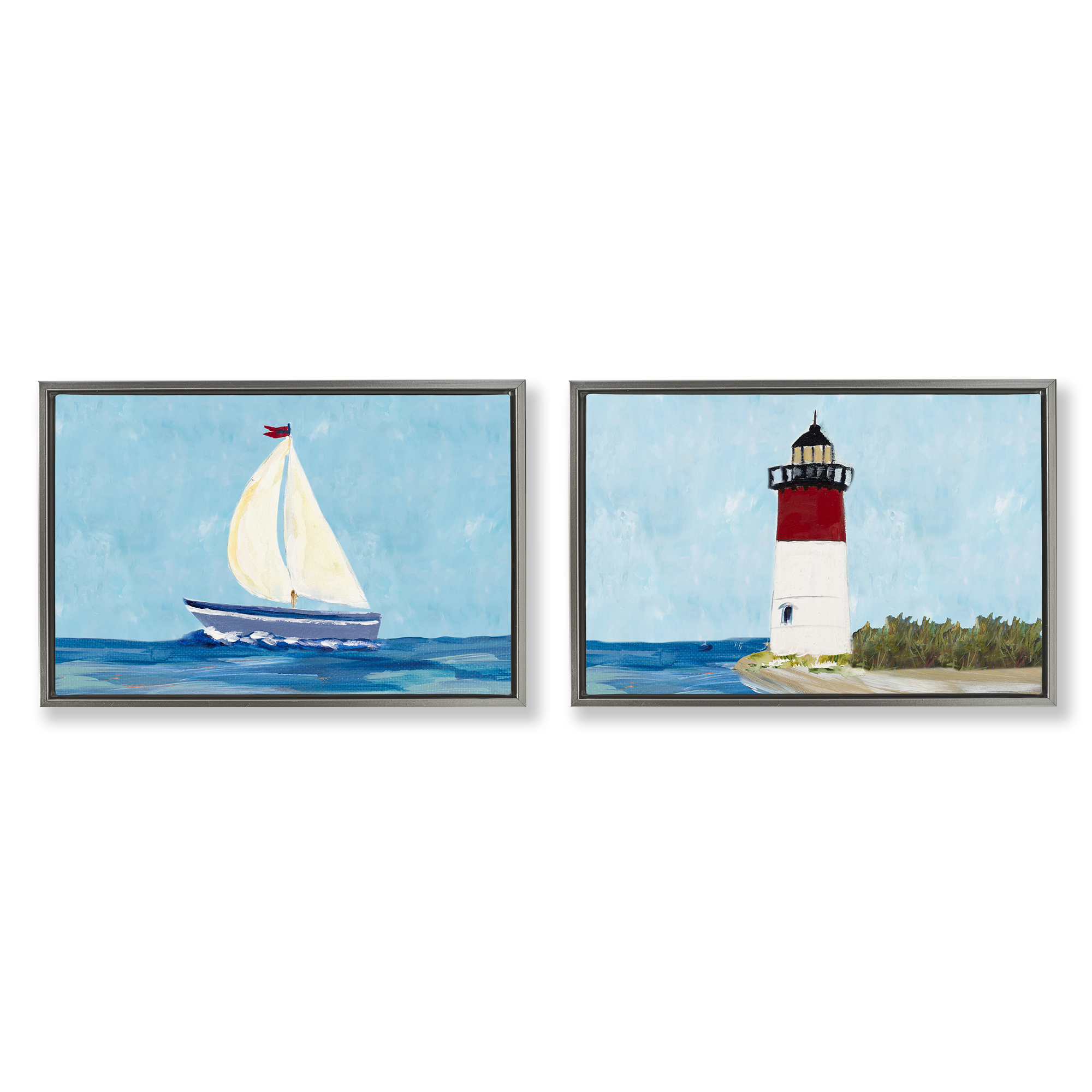 Stupell Industries Nautical Sail the Sea Lighthouse Nautical & Beach Painting Gray Floater Framed Canvas Art Print Wall Art, 25 x 17, Set of 2
