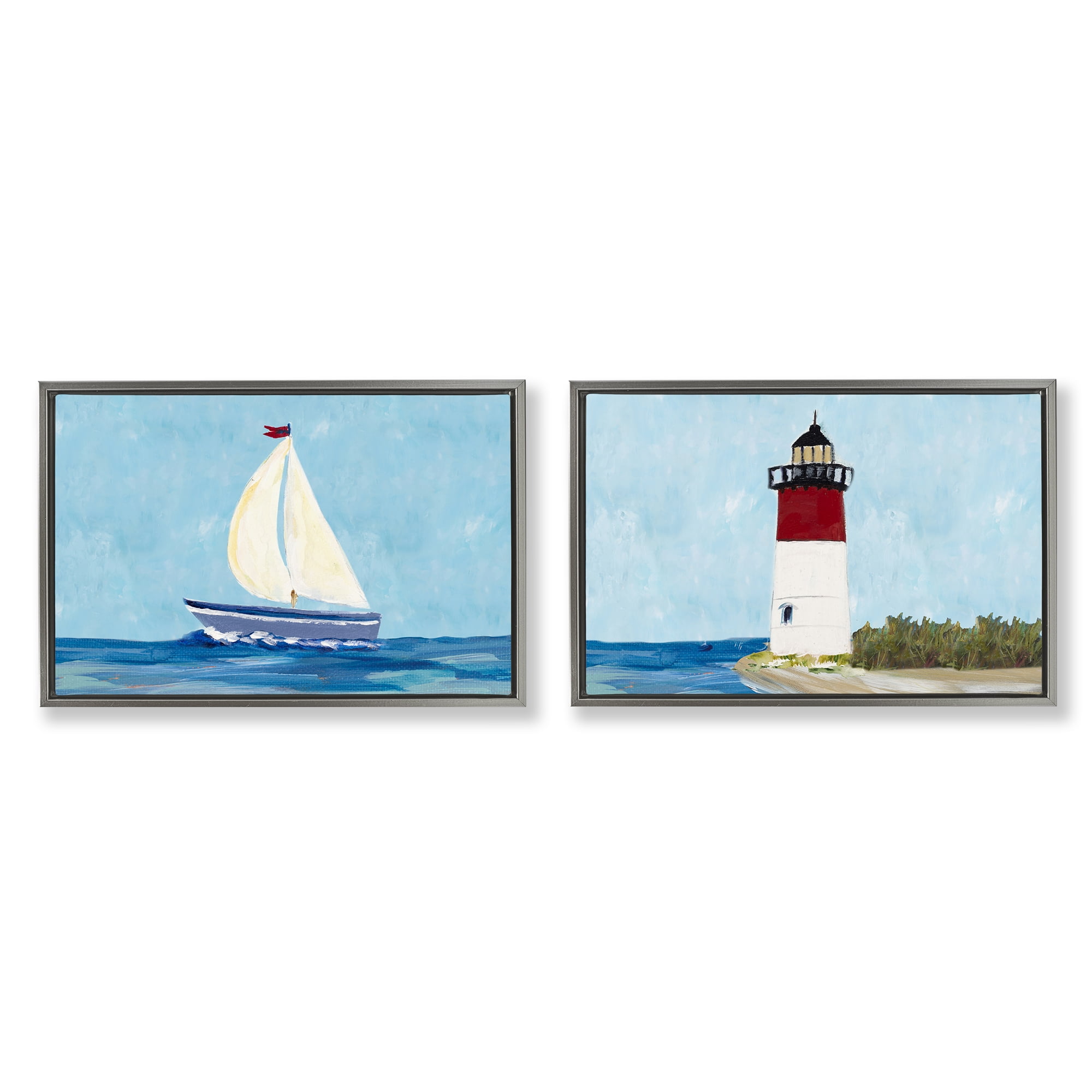 Stupell Industries Nautical Sail the Sea Lighthouse Nautical & Beach Painting Gray Floater Framed Canvas Art Print Wall Art, 31 x 21, Set of 2