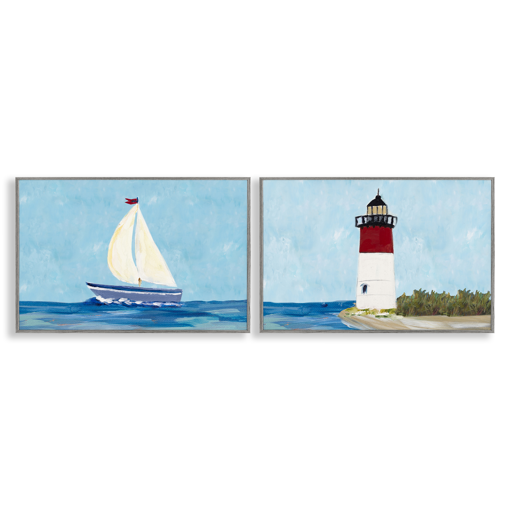 Stupell Industries Nautical Sail the Sea Lighthouse Nautical & Beach Painting Gray Framed Art Print Wall Art, 18 x 12, Set of 2