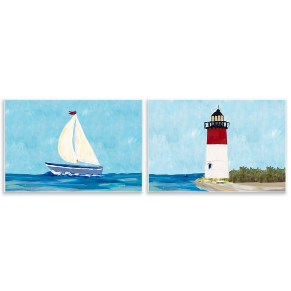 Stupell Industries Nautical Sail the Sea Lighthouse Nautical & Beach Painting Unframed Art Print Wall Art, 15 x 10, Set of 2