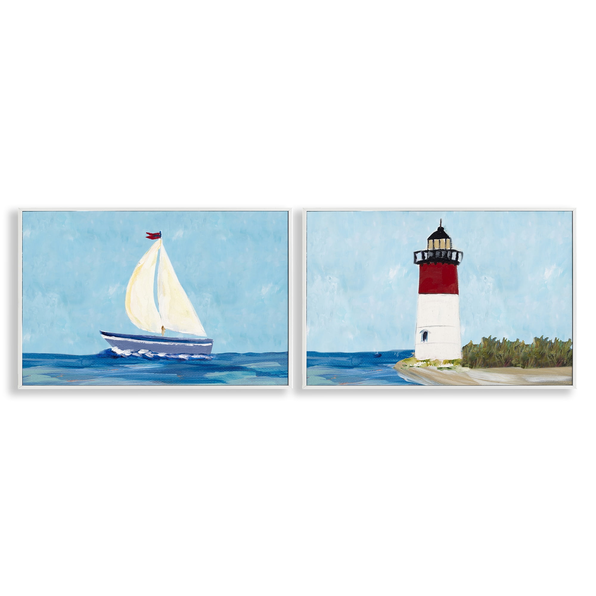 Stupell Industries Nautical Sail the Sea Lighthouse Nautical & Beach Painting White Framed Art Print Wall Art, 30 x 20, Set of 2
