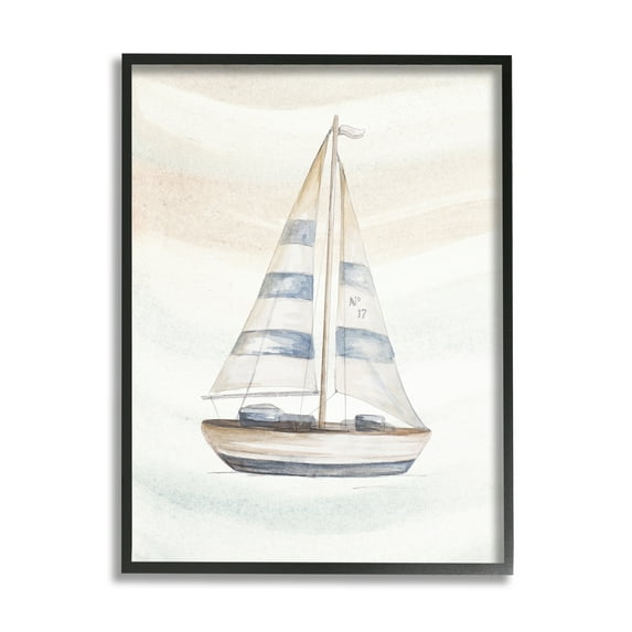 Stupell Industries Nautical Sailboat Drifting Pale Abstract Ocean Waves Graphic Art Black Framed Art Print Wall Art, Design by Patricia Pinto