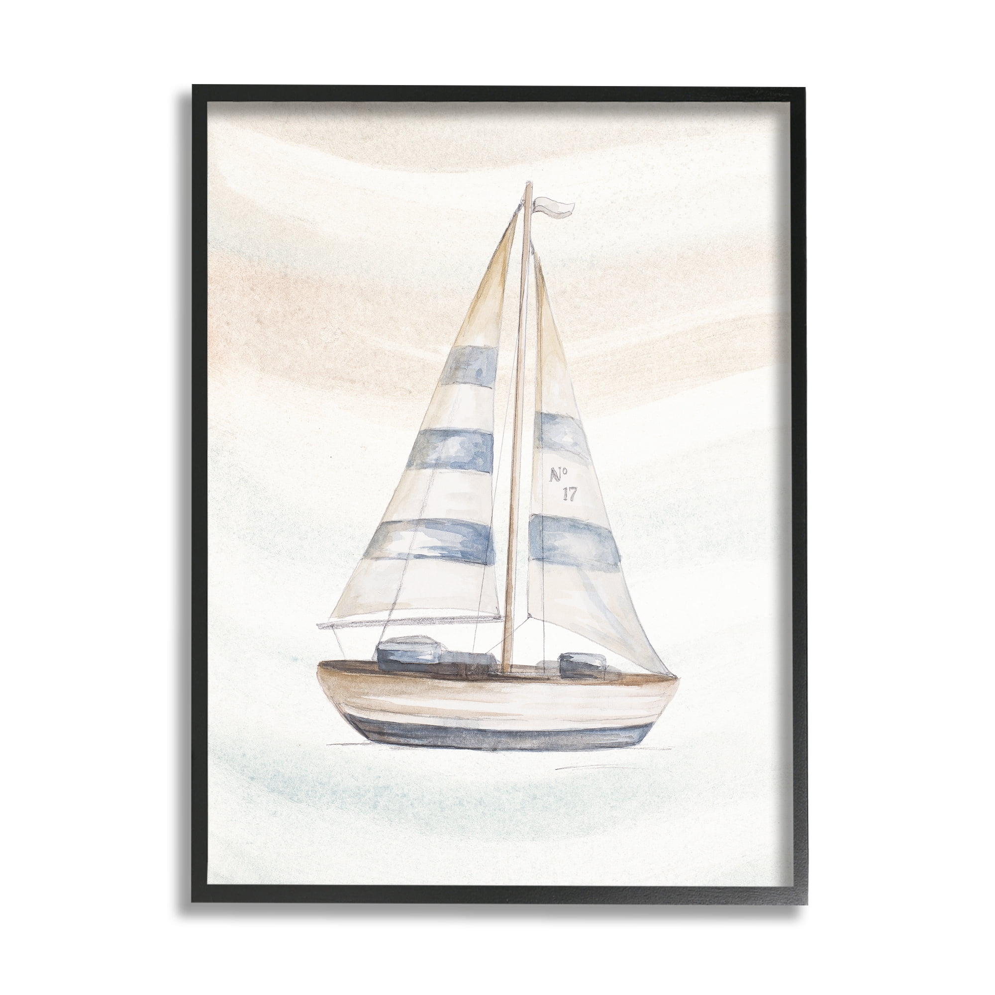Stupell Industries Nautical Sailboat Drifting Pale Abstract Ocean Waves Graphic Art Black Framed Art Print Wall Art, Design by Patricia Pinto