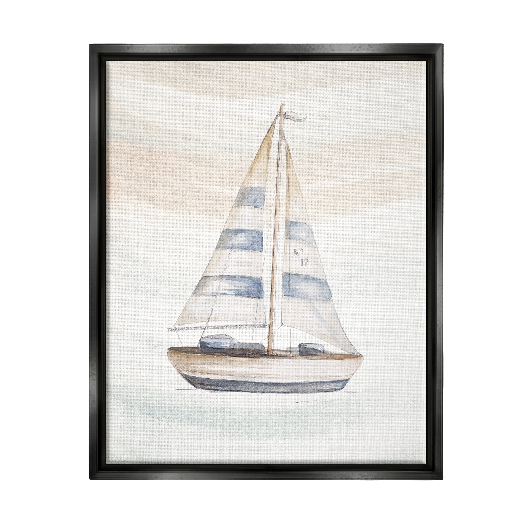 Stupell Industries Nautical Sailboat Drifting Pale Abstract Ocean Waves Graphic Art Jet Black Floating Framed Canvas Print Wall Art, Design by Patricia Pinto