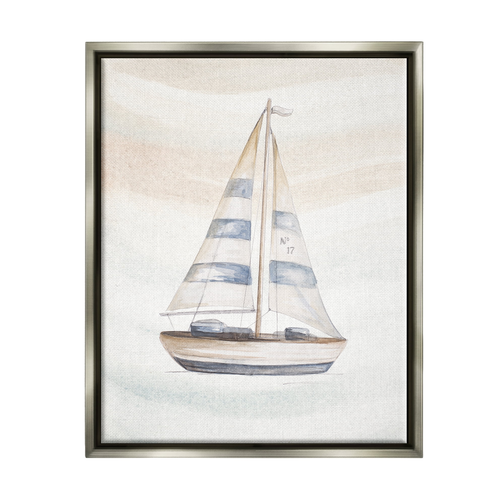 Stupell Industries Nautical Sailboat Drifting Pale Abstract Ocean Waves Graphic Art Luster Gray Floating Framed Canvas Print Wall Art, Design by Patricia Pinto
