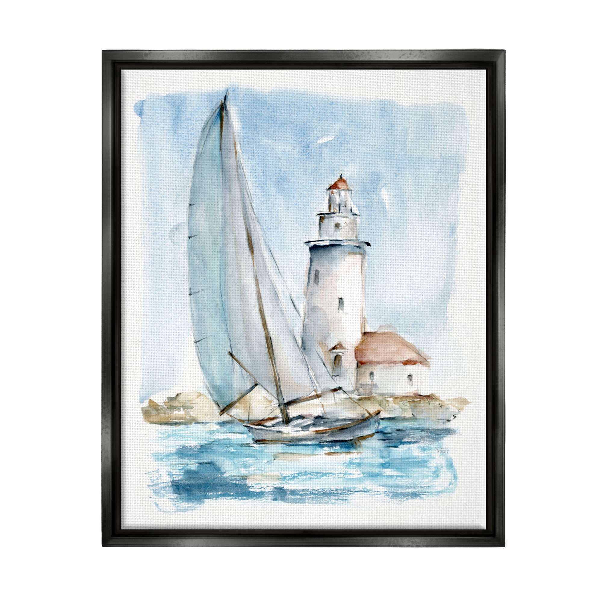 Stupell Industries Nautical Sailboat & Lighthouse Coastal Painting Black Floater Framed Art Print Wall Art