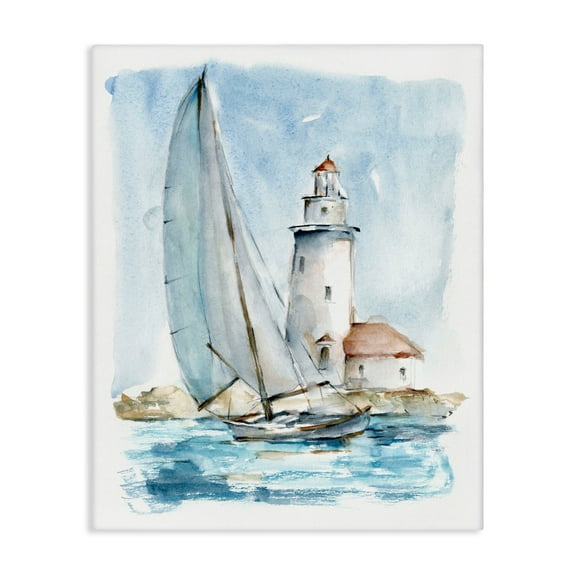 Stupell Industries Nautical Sailboat & Lighthouse Coastal Painting Gallery Wrapped Canvas Print Wall Art