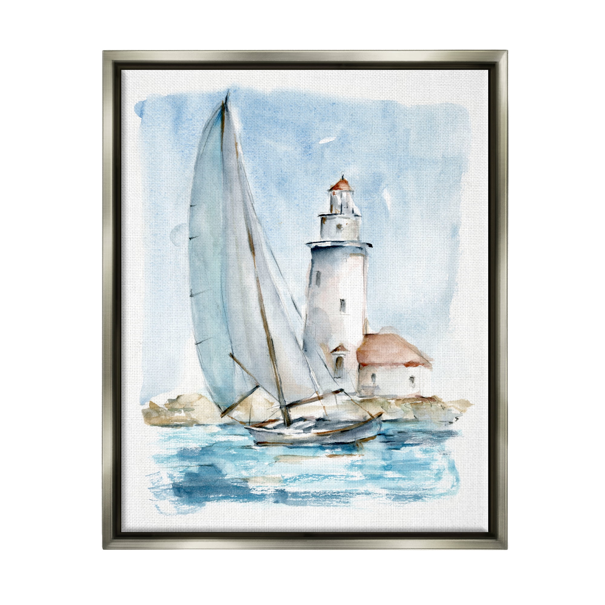 Stupell Industries Nautical Sailboat & Lighthouse Coastal Painting Gray Floater Framed Art Print Wall Art