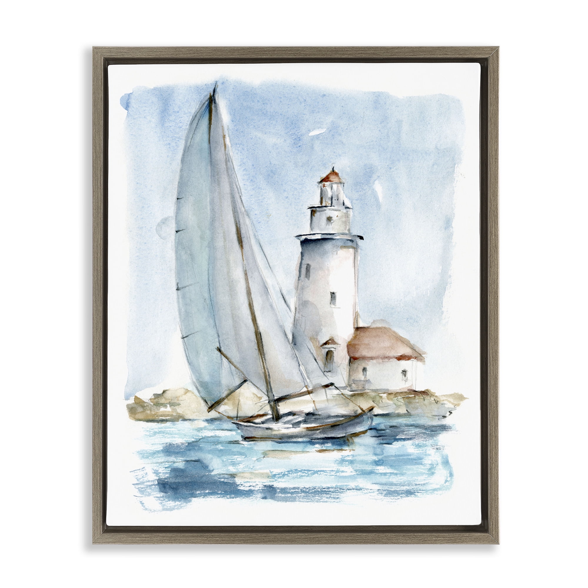 Stupell Industries Nautical Sailboat & Lighthouse Nature Painting Brown Floater Framed Canvas Art Print Wall Art, 17 x 21