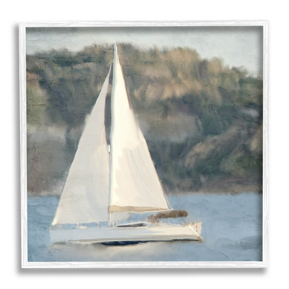 Stupell Industries Nautical Sailboat Rocky Mountain Cliffs Graphic Art White Framed Art Print Wall Art, Design by Kim Allen