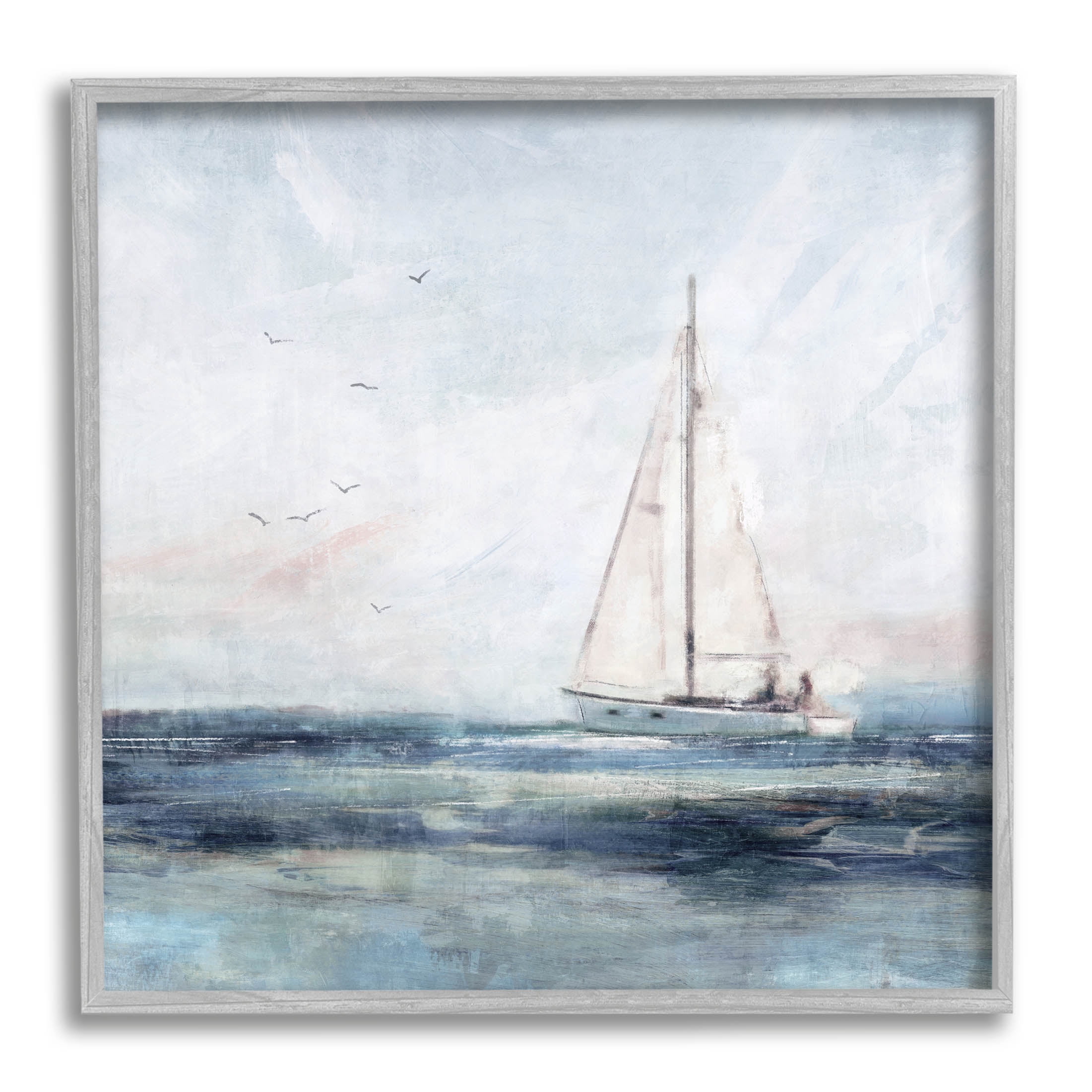 Stupell Industries Nautical Sailboat Soaring Ocean Birds Painting Gray Framed Art Print Wall Art, Design by Nina Blue