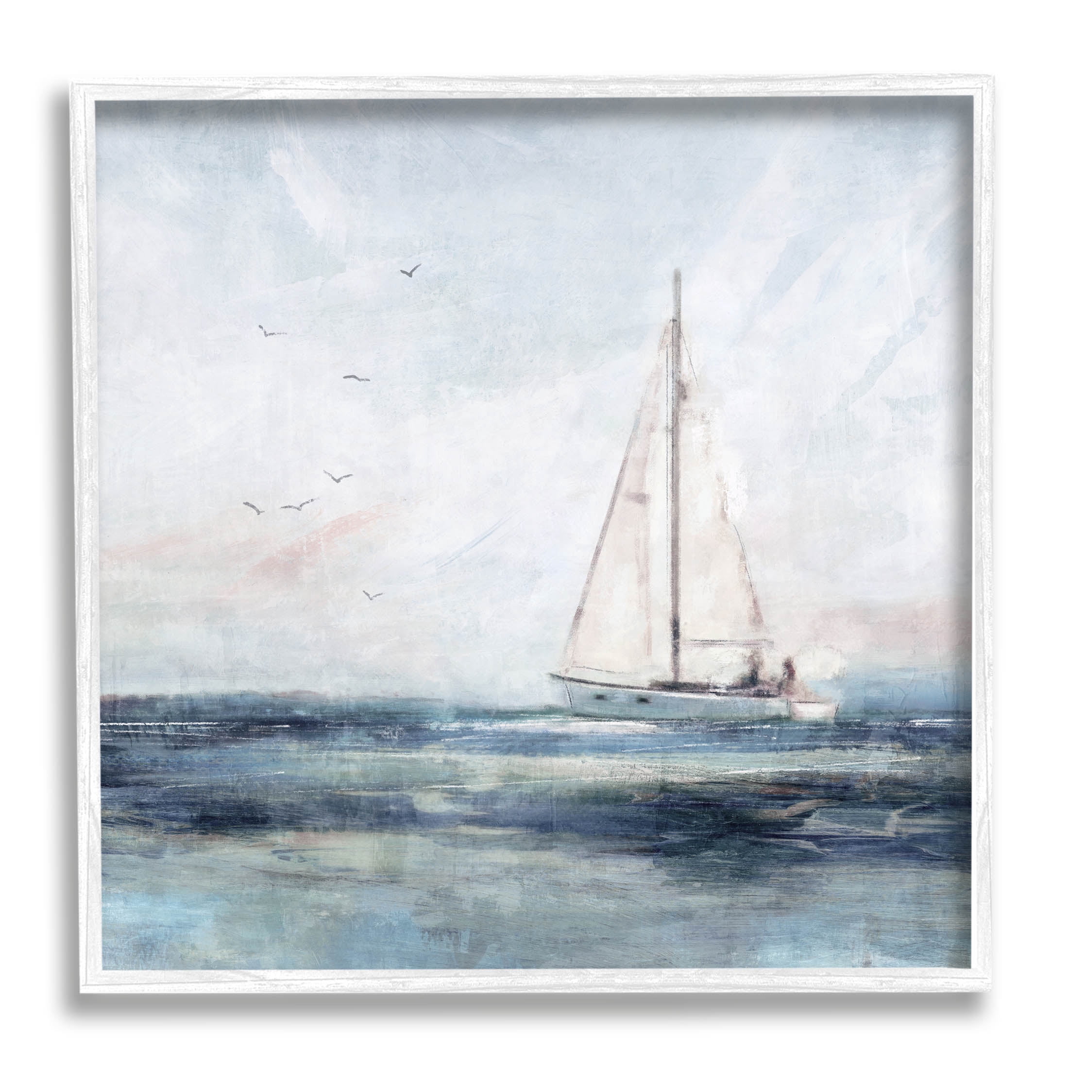 Stupell Industries Nautical Sailboat Soaring Ocean Birds Painting White Framed Art Print Wall Art, Design by Nina Blue