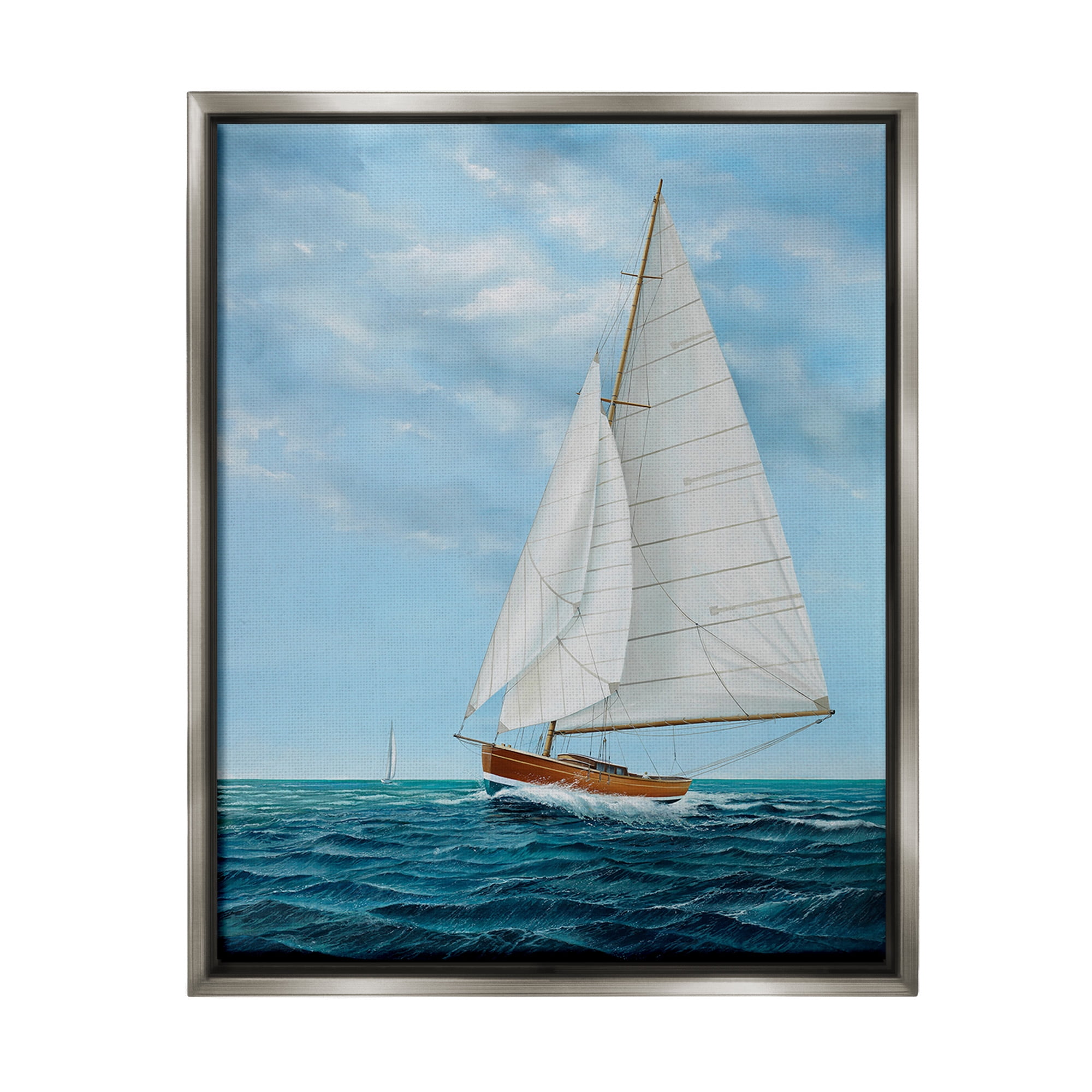 Stupell Industries Nautical Sailboat Waves Transportation Painting Gray Floater Framed Canvas Art Print Wall Art, 17 x 21