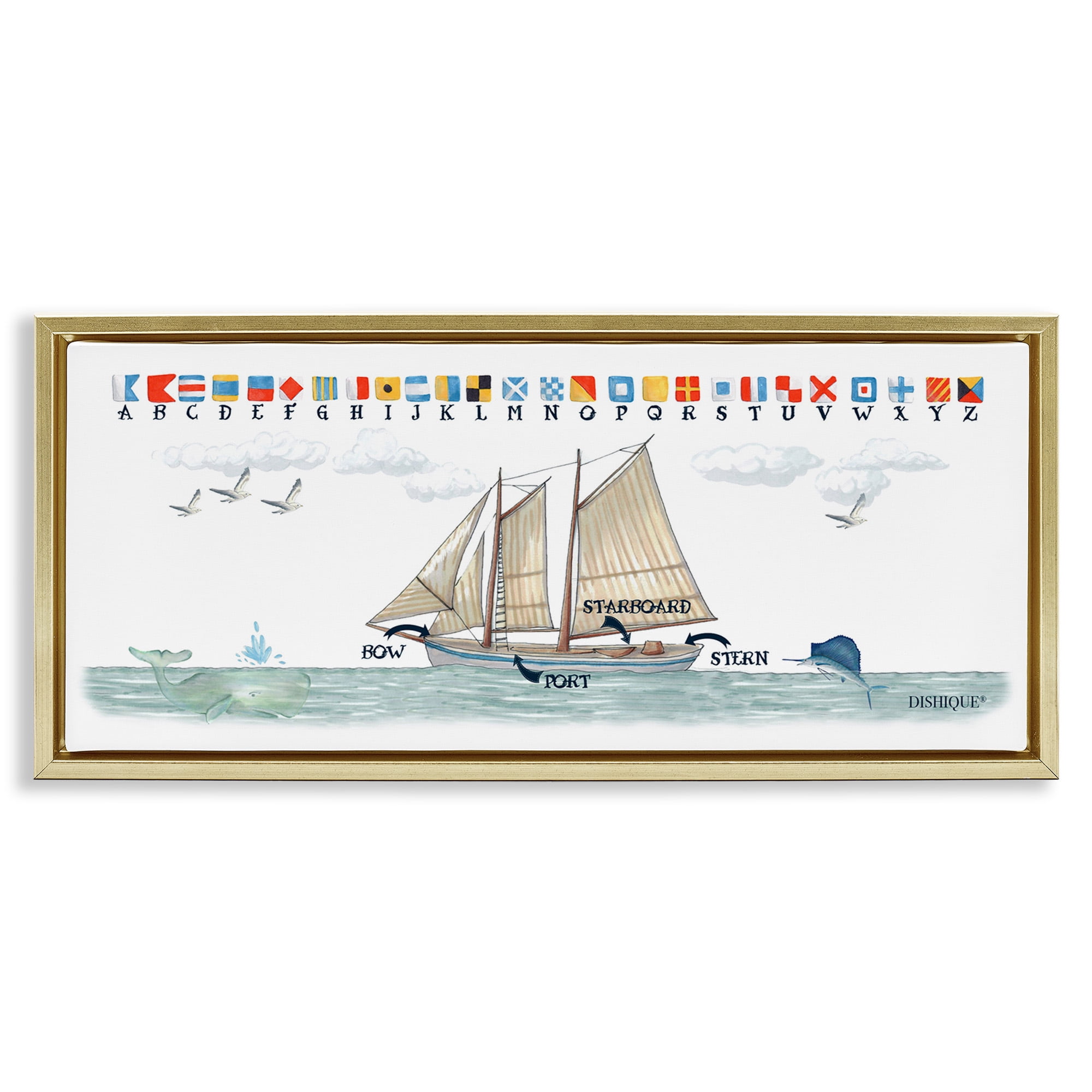 Stupell Industries Nautical Sailing Flags Educational Transportation Painting Gold Floater Framed Canvas Art Print Wall Art, 25 x 11