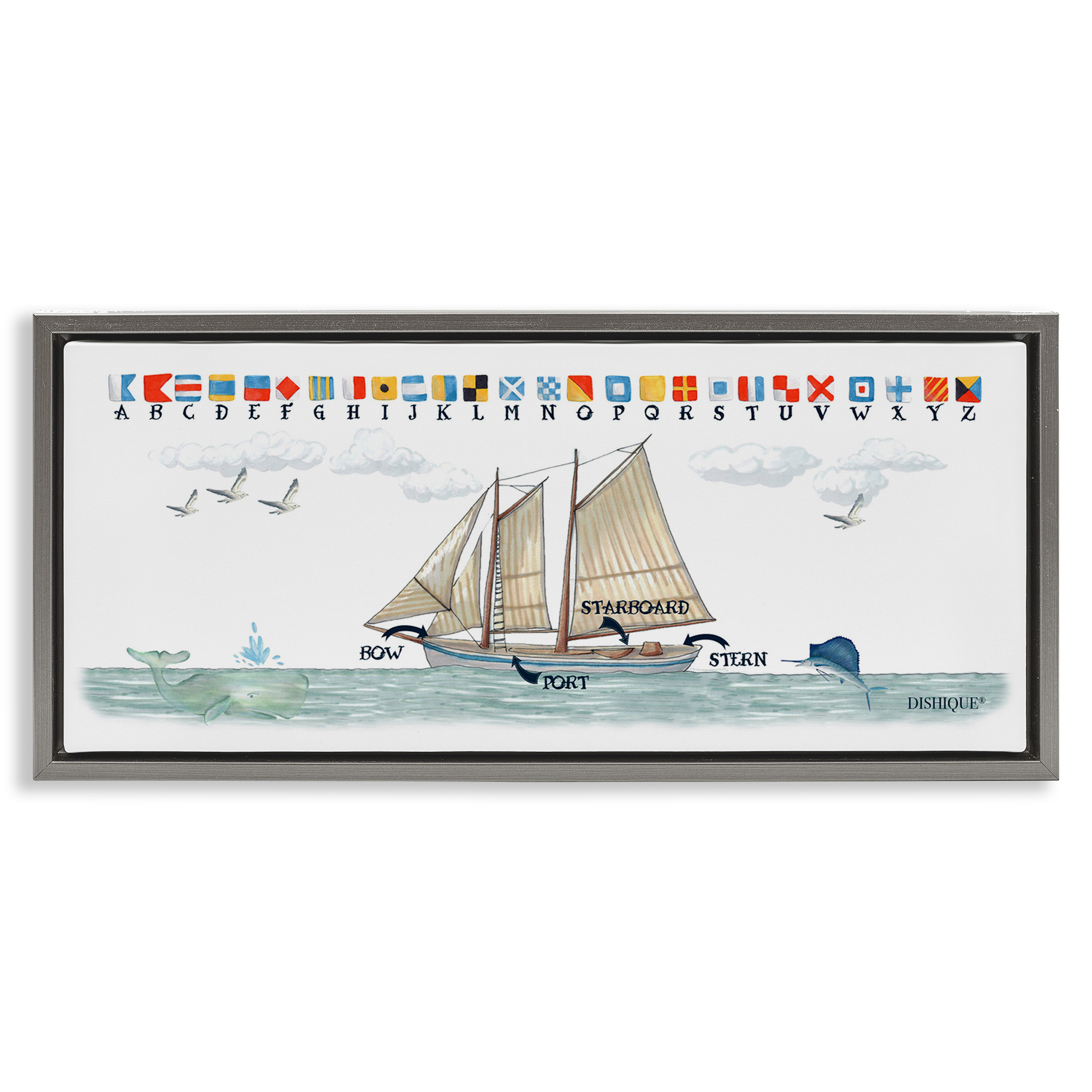 Stupell Industries Nautical Sailing Flags Educational Transportation Painting Gray Floater Framed Canvas Art Print Wall Art, 31 x 14