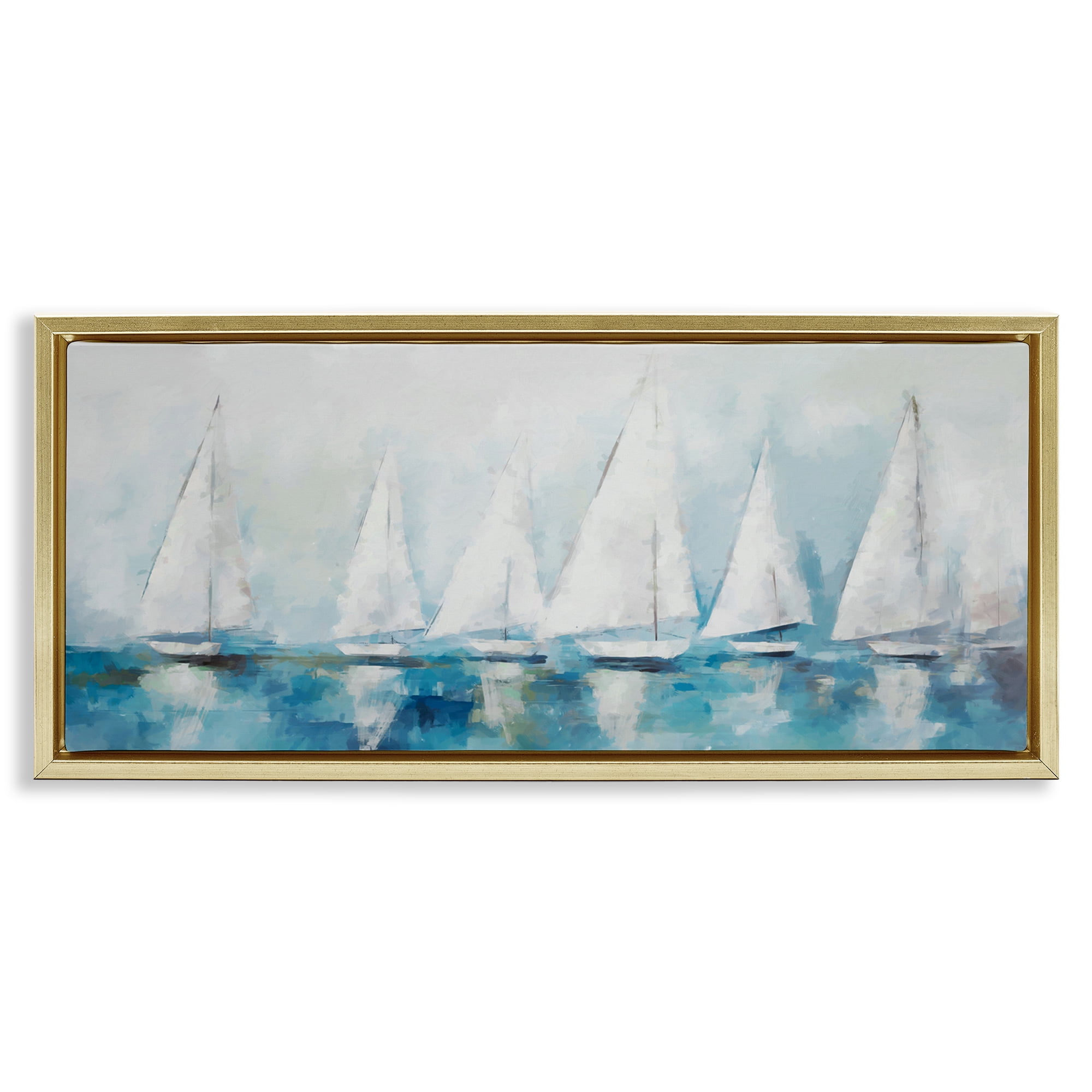 Stupell Industries Nautical Sailing Fleet Transportation Painting Gold Floater Framed Canvas Art Print Wall Art, 25 x 11