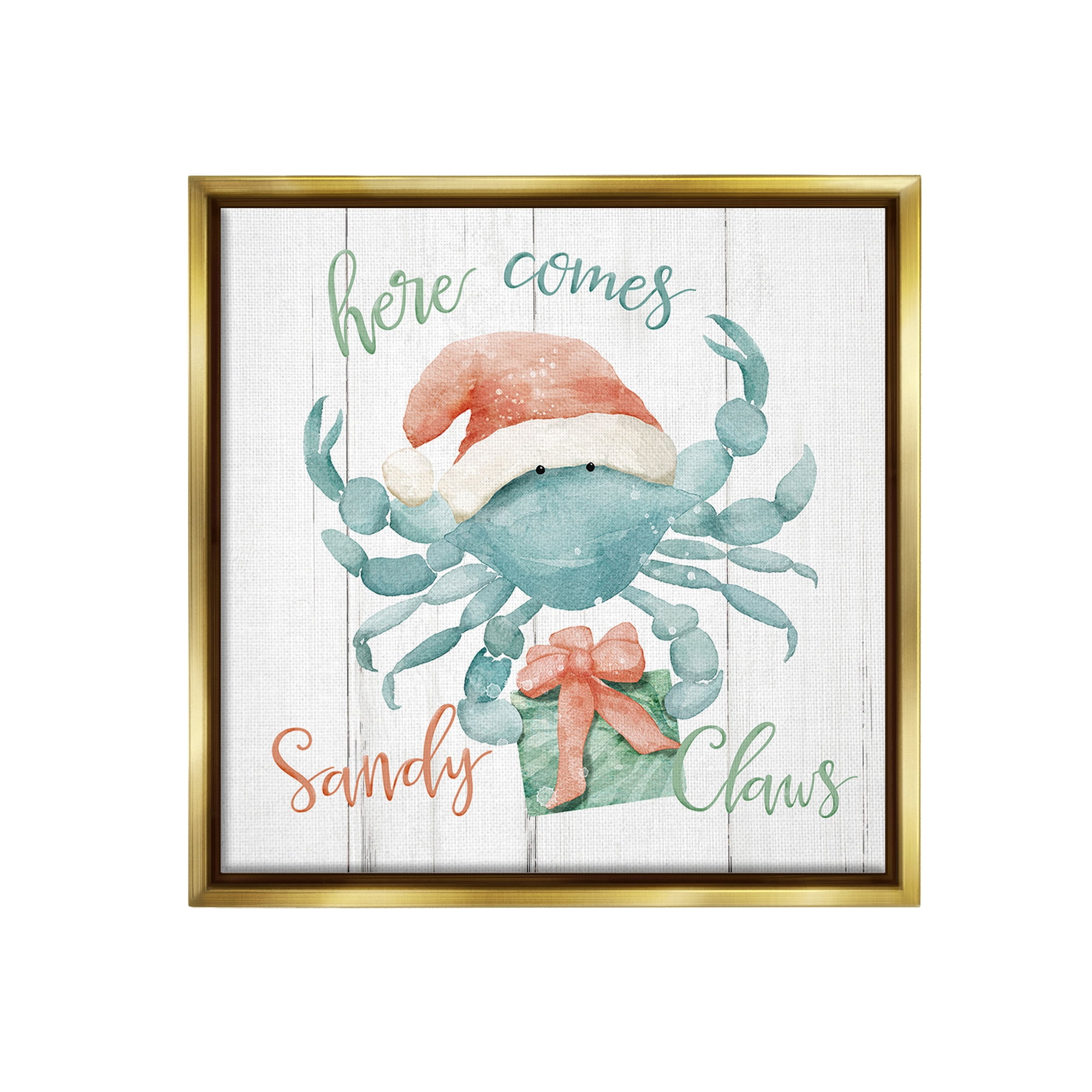 Stupell Industries Nautical Sandy Claws Crab Holiday Painting Gold Floater Framed Canvas Art Print Wall Art, 18 x 18