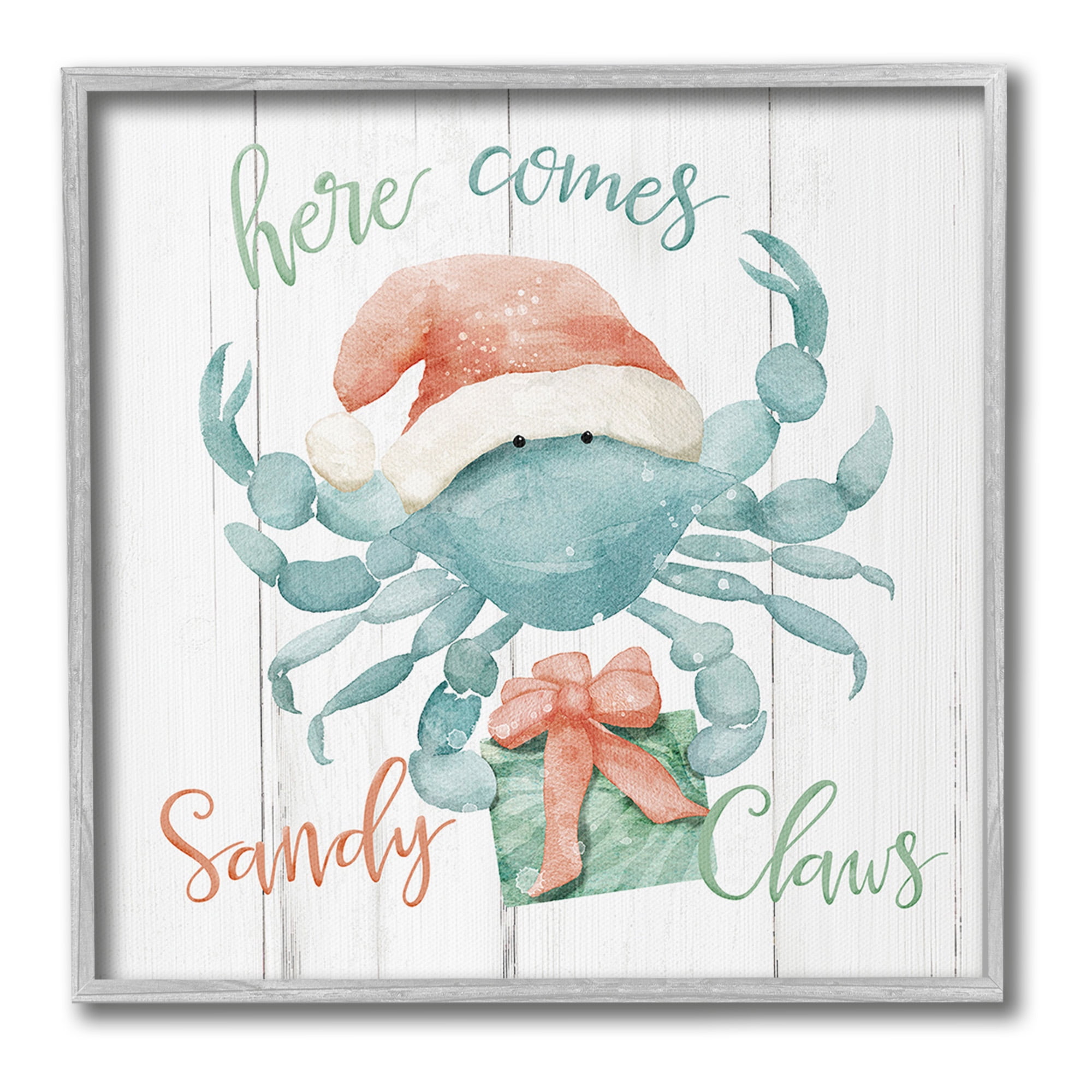 Gray Framed Nautical Sandy Claws Crab Christmas Canvas Print