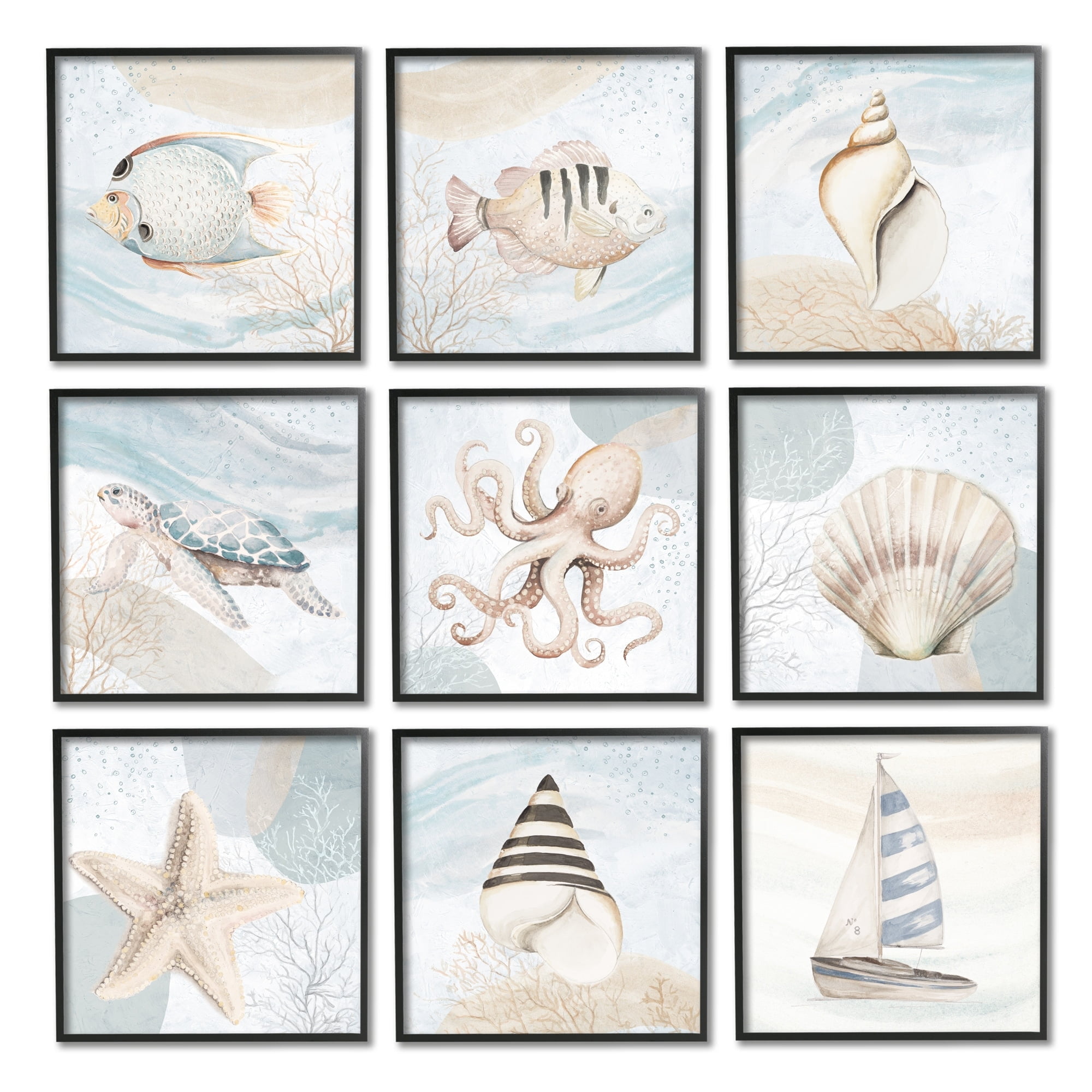 Stupell Industries Nautical Sea Life Beach Theme Boats Seashells Graphic Art Black Framed Art Print Wall Art, Set of 9, Design by unknown