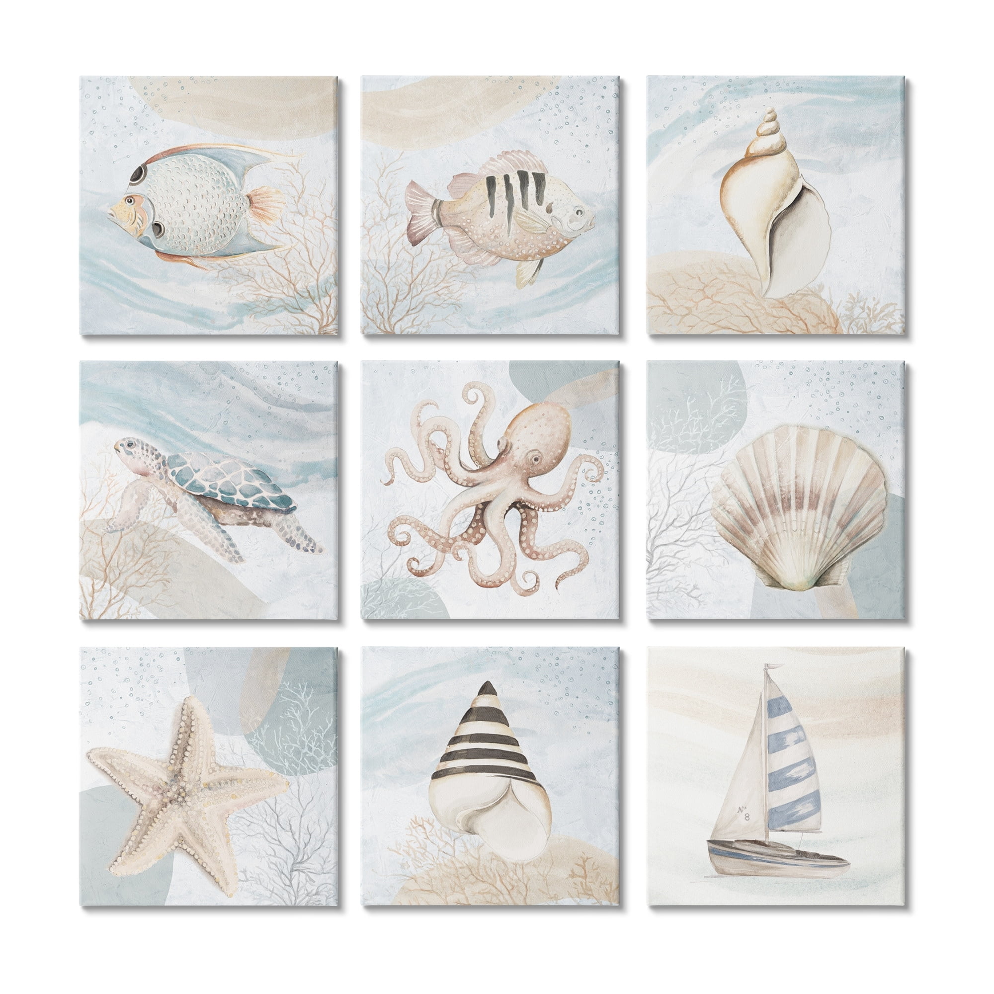 Stupell Industries Nautical Sea Life Beach Theme Boats Seashells Graphic Art Gallery Wrapped Canvas Print Wall Art, Set of 9, Design by unknown