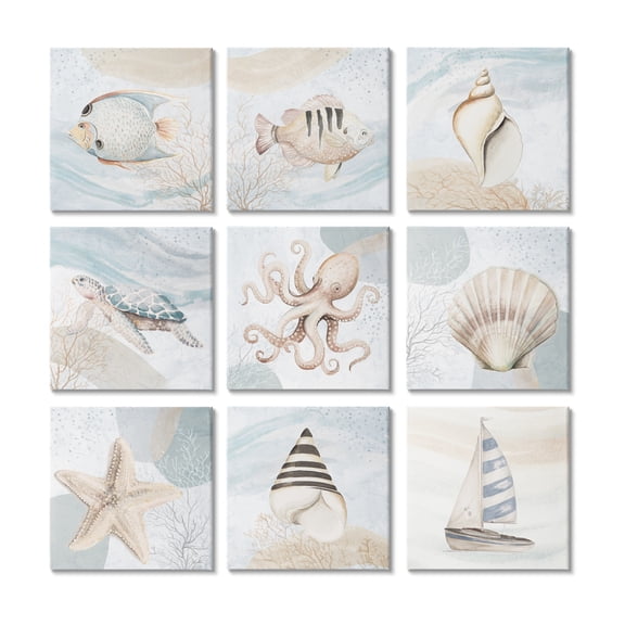 Stupell Industries Nautical Sea Life Beach Theme Boats Seashells Graphic Art Gallery Wrapped Canvas Print Wall Art, Set of 9, Design by unknown