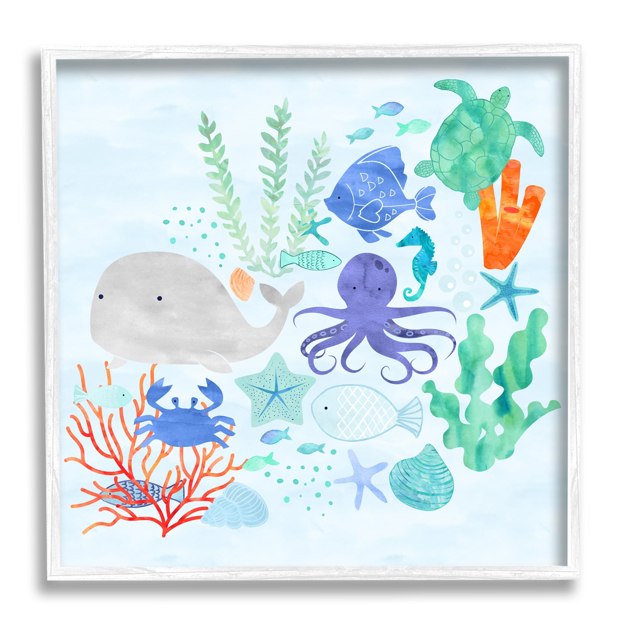 Stupell Nautical Sea Life Creatures Swimming Ocean Floor Framed Wall Art - Multi-Color - 24 x 24 - White