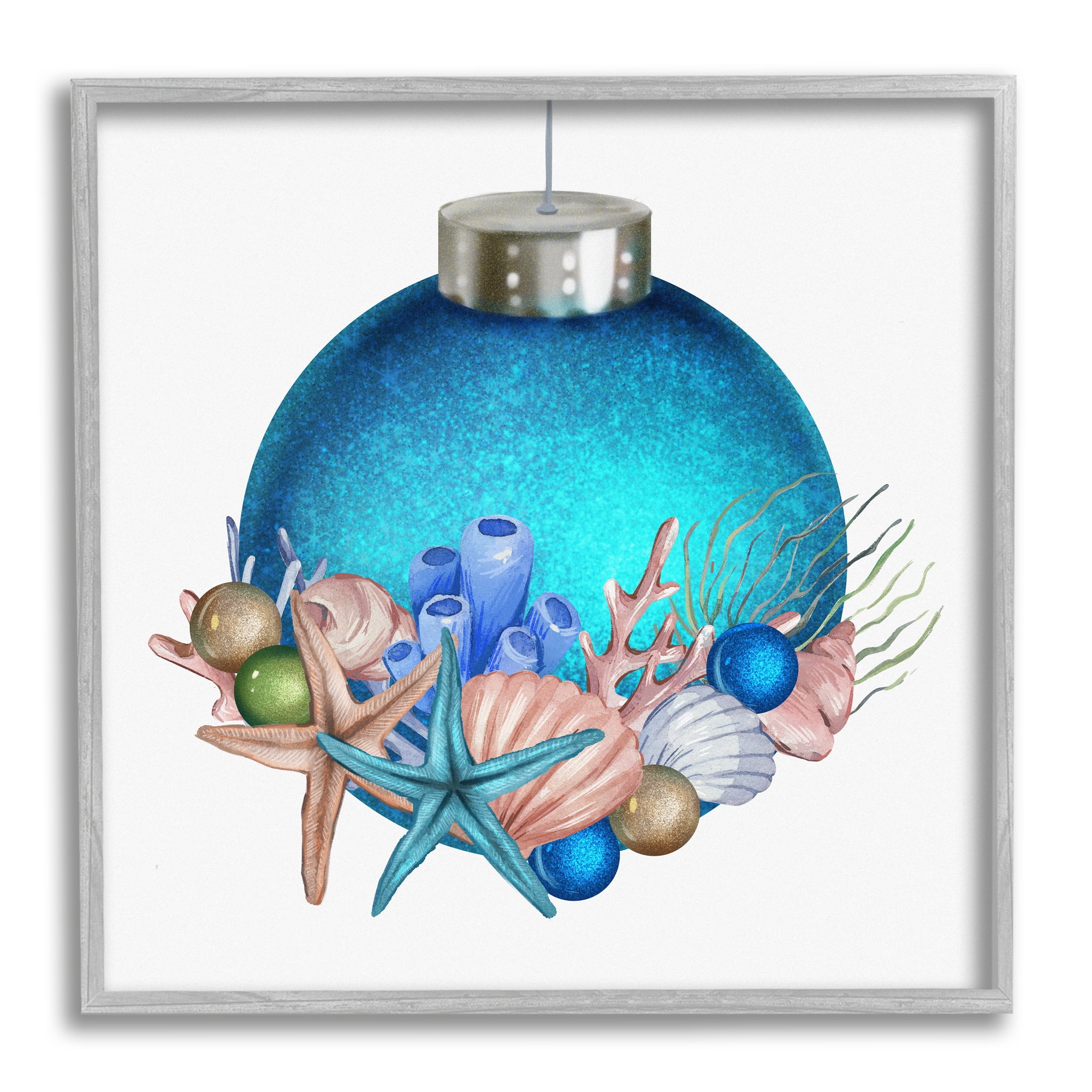 Stupell Industries Nautical Sea Life Holiday Ornament Holiday Painting Gray Framed Art Print Wall Art