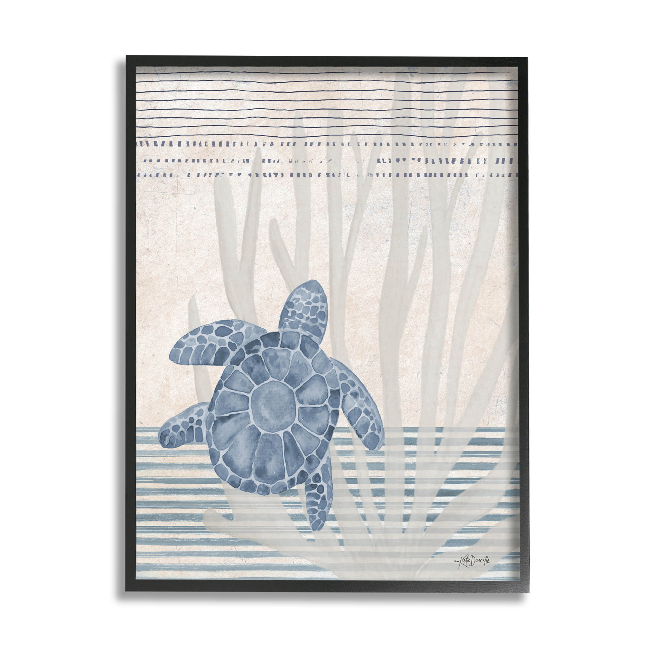 Stupell Industries Nautical Sea Turtle Patterned Stripes Graphic Art Black Framed Art Print Wall Art, Design by Katie Doucette