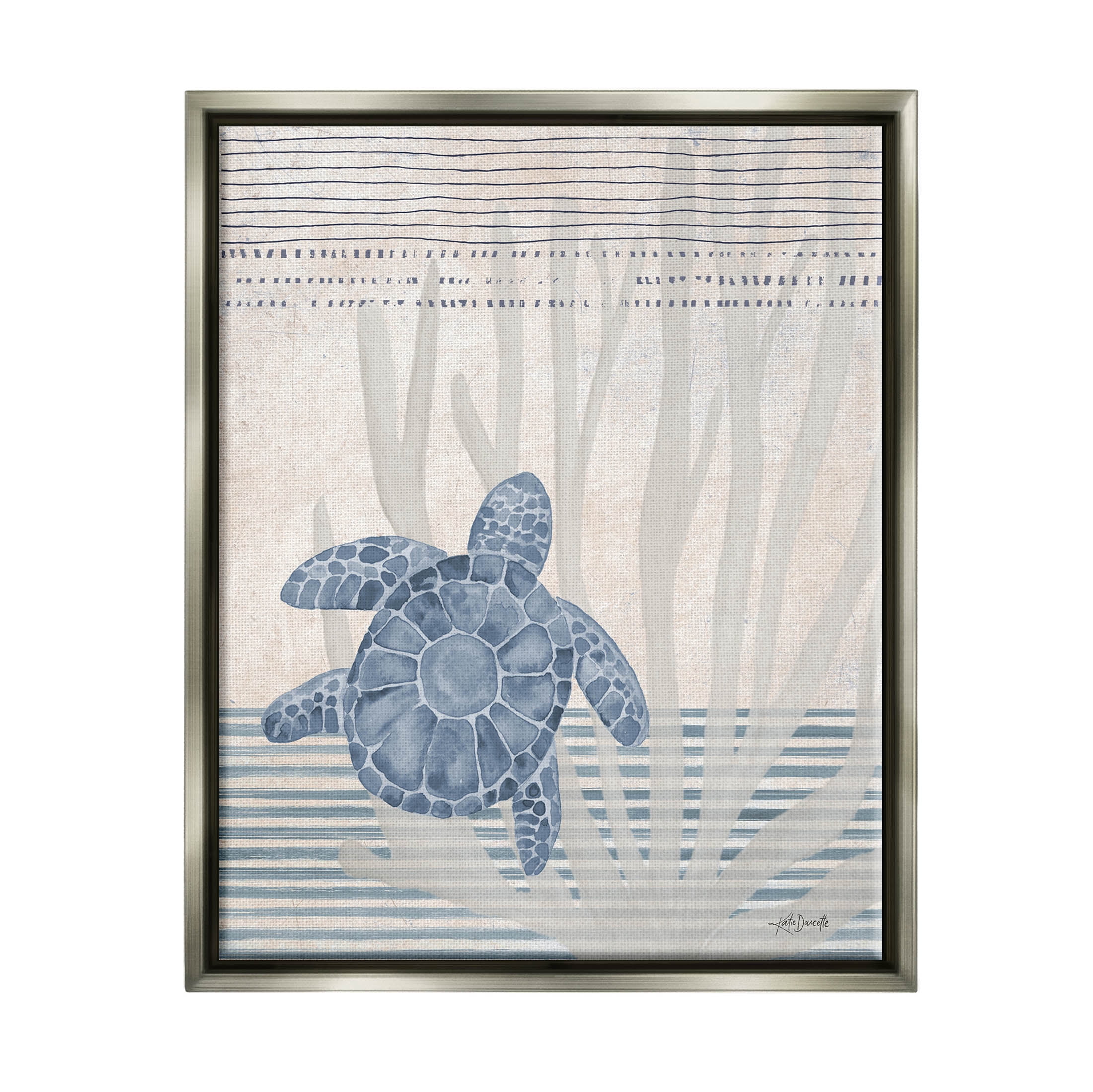 Stupell Industries Nautical Sea Turtle Patterned Stripes Graphic Art Luster Gray Floating Framed Canvas Print Wall Art, Design by Katie Doucette