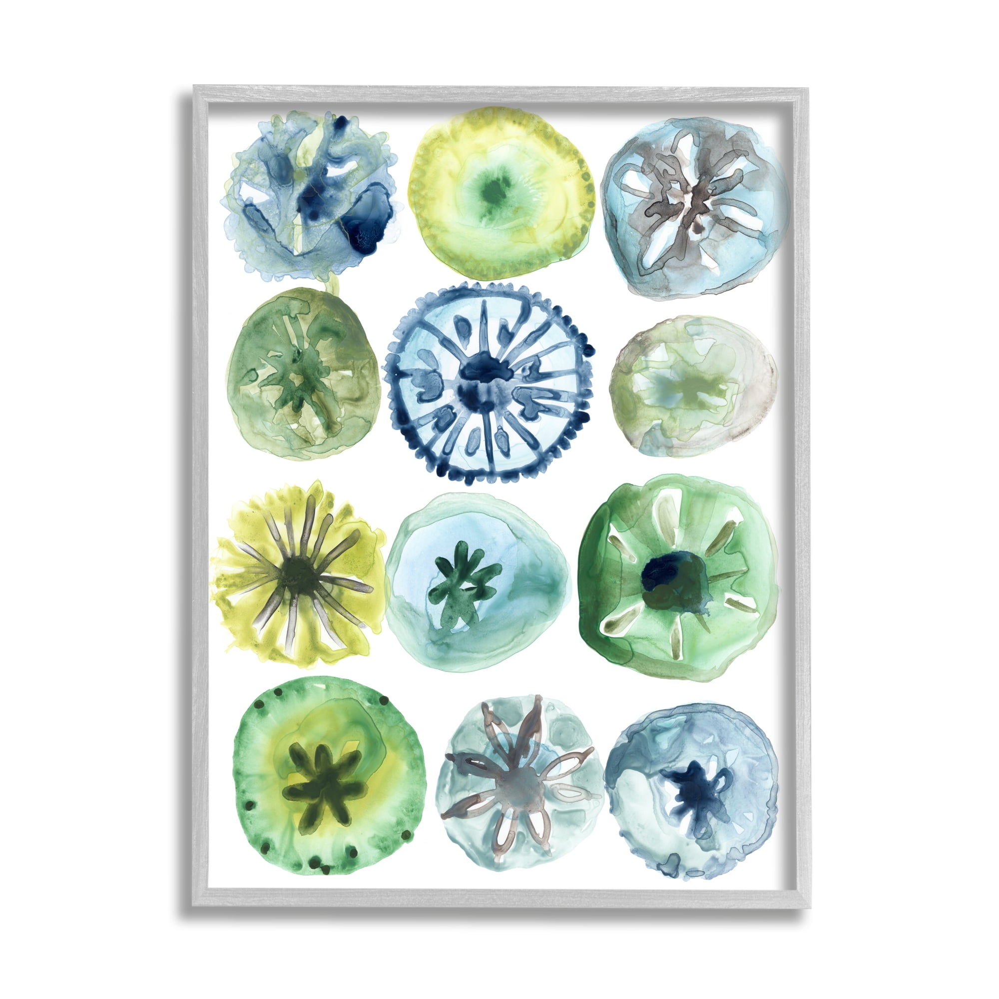 Stupell Industries Nautical Sea Urchin Abstract Assortment Blue Green Yellow Nature Painting Gray Framed Art Print Wall Art, 11 x 14