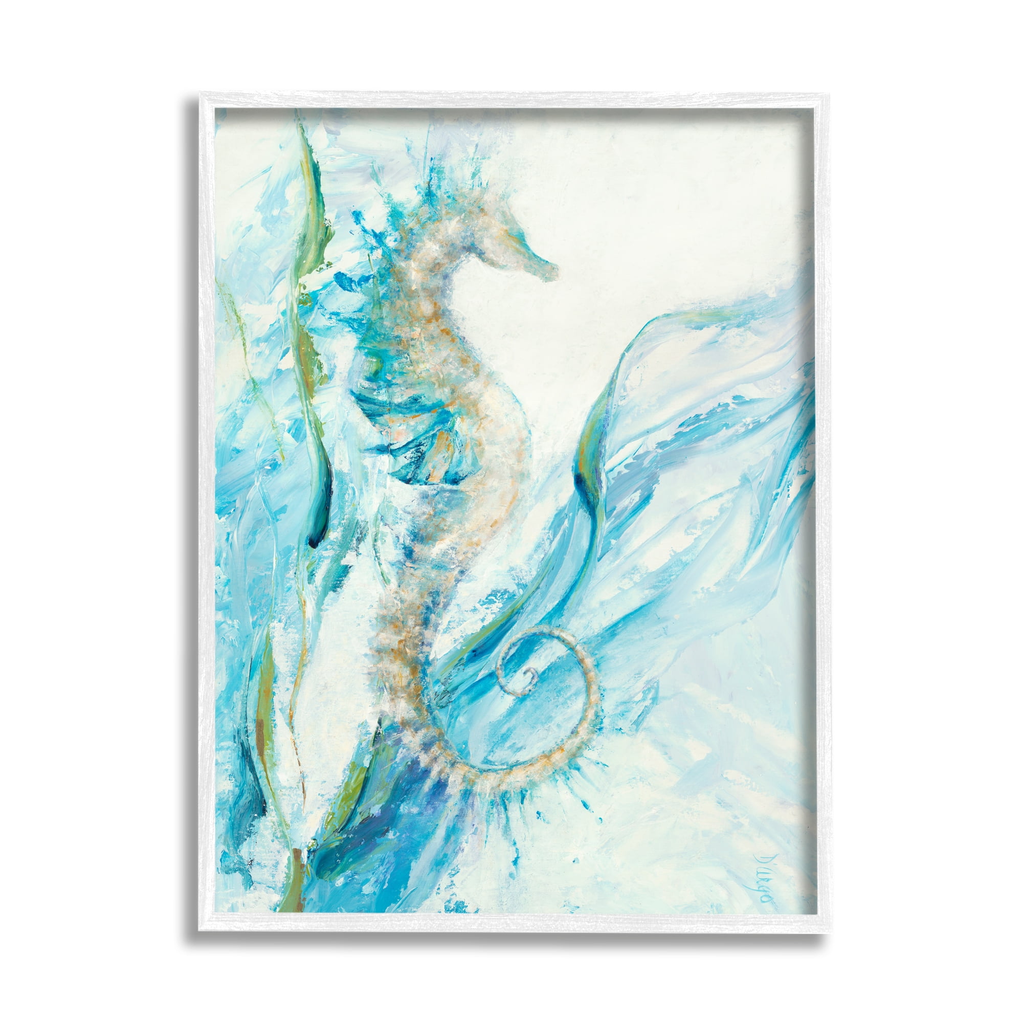White Framed Nautical Seahorse Blue Ocean Wall Art, 16 x 20