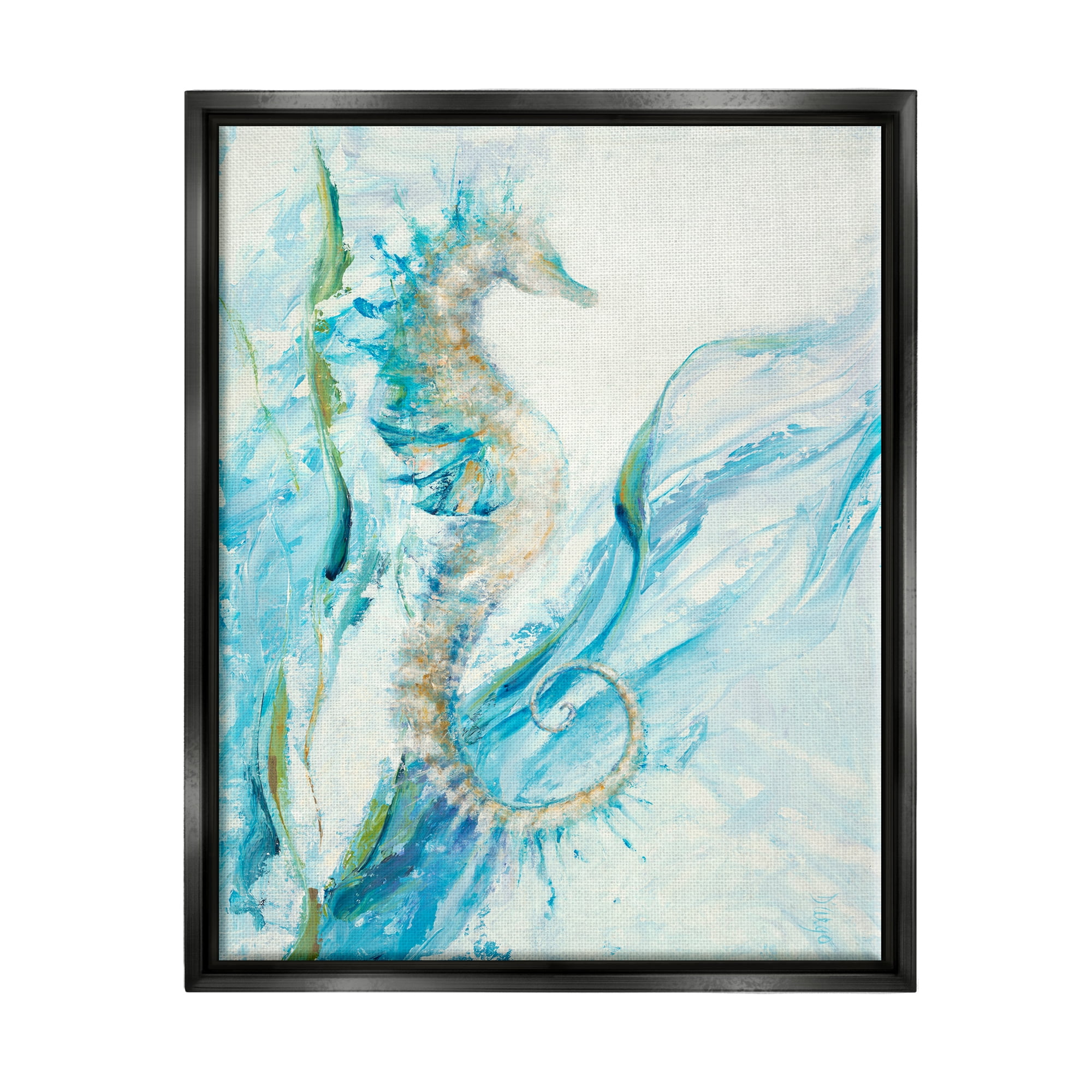 Stupell Industries Nautical Seahorse Blue Fluid Ocean Water Jet Black Framed Floating Canvas Wall Art, 24x30, by Third and Wall