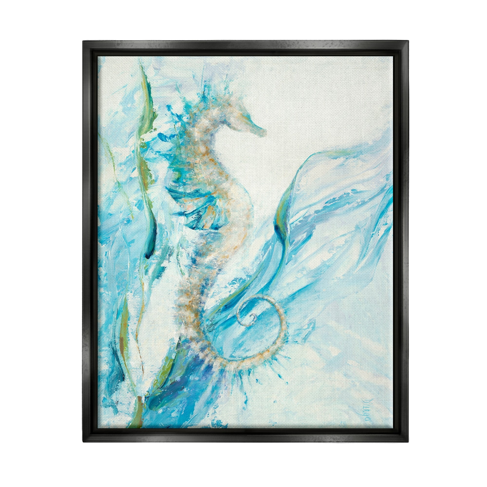 Stupell Industries Nautical Seahorse Blue Fluid Ocean Water Luster Gray Framed Floating Canvas Wall Art, 16x20, by Third and Wall
