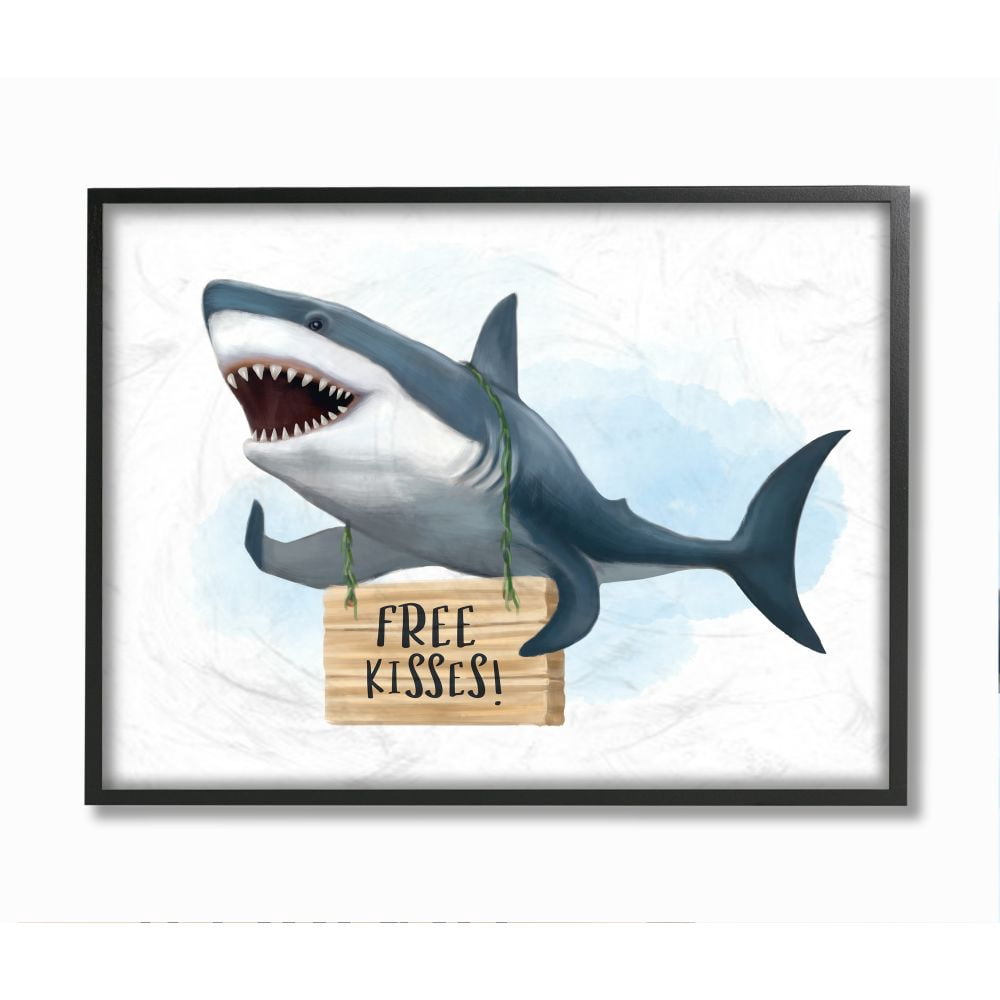 Stupell Industries Nautical Shark Free Kisses Sign Kid's Animal Humor Framed Wall Art Design by Ziwei Li, 11" x 14", Black Framed