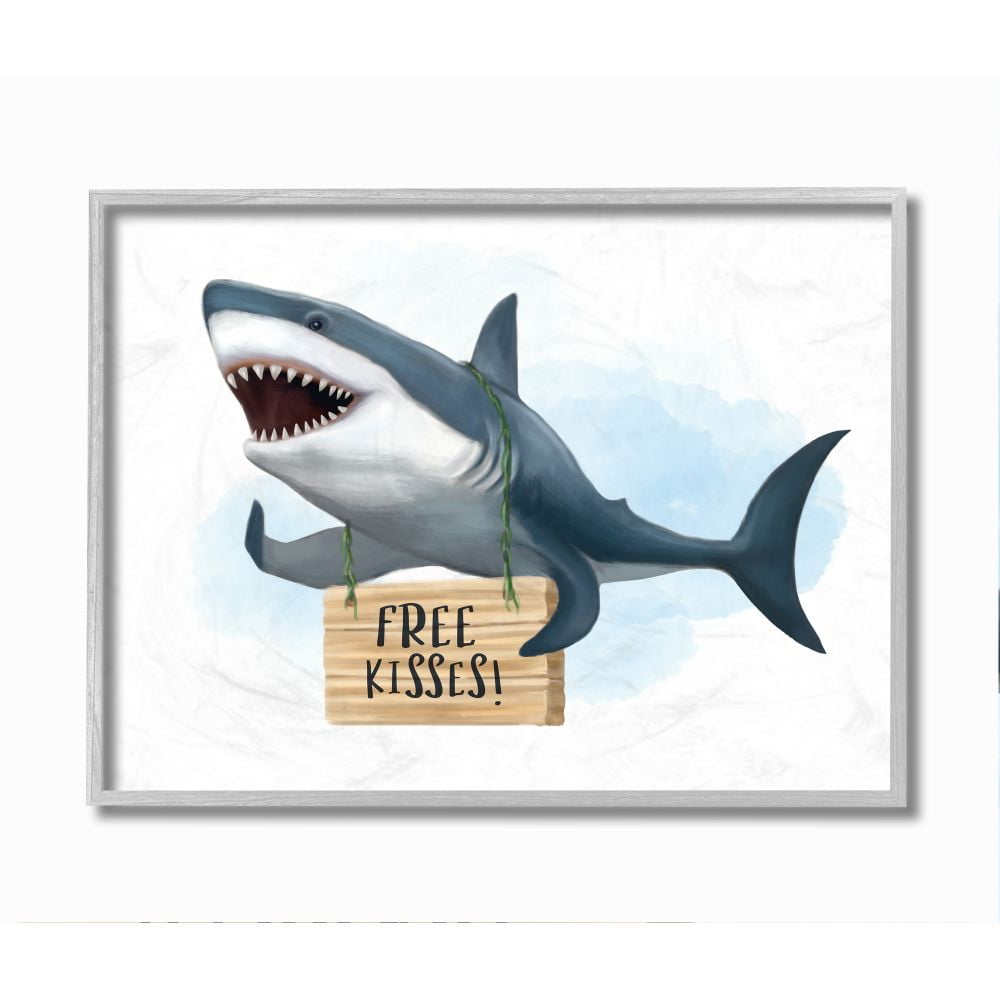 Stupell Industries Nautical Shark Free Kisses Sign Kid's Animal Humor Framed Wall Art Design by Ziwei Li