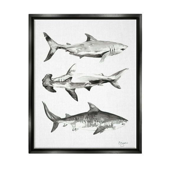 Stupell Industries Nautical Shark Trio Animals & Insects Painting Black Floater Framed Art Print Wall Art, 17 x 21