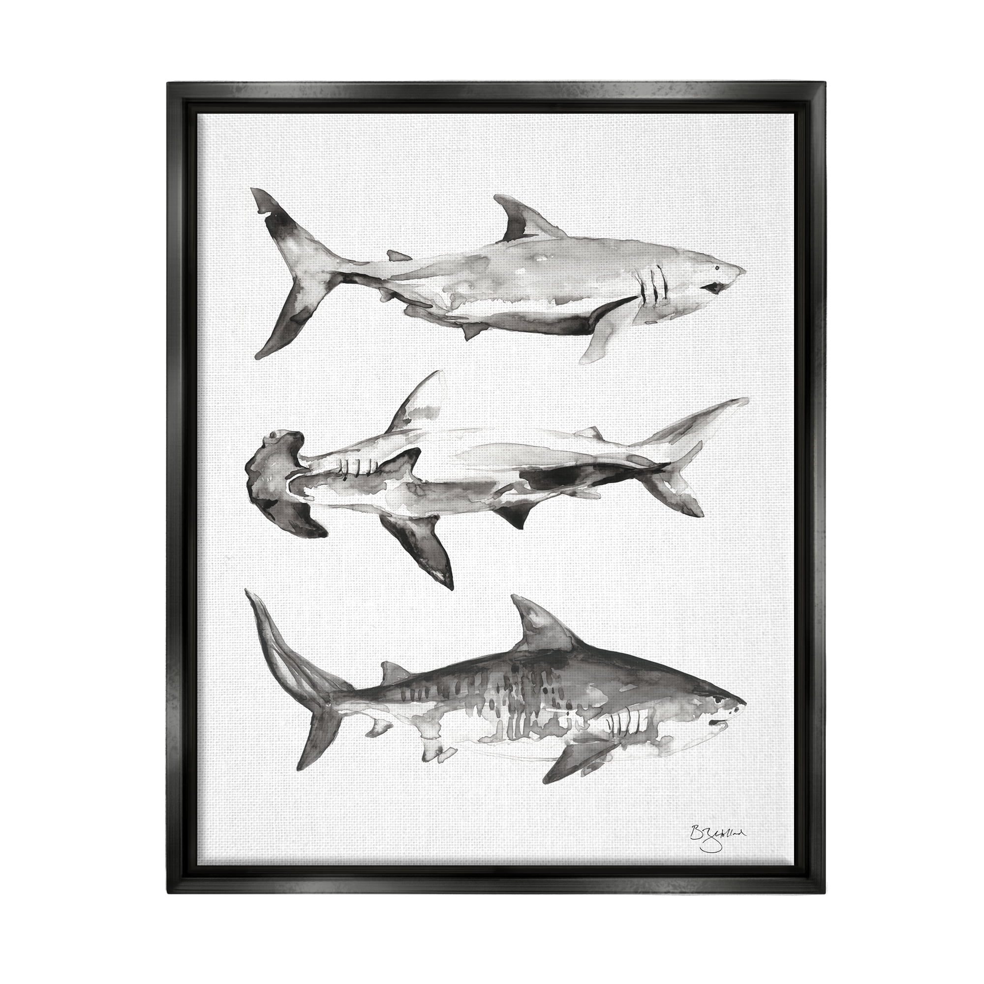 Stupell Industries Nautical Shark Trio Animals & Insects Painting Black Floater Framed Art Print Wall Art, 25 x 31